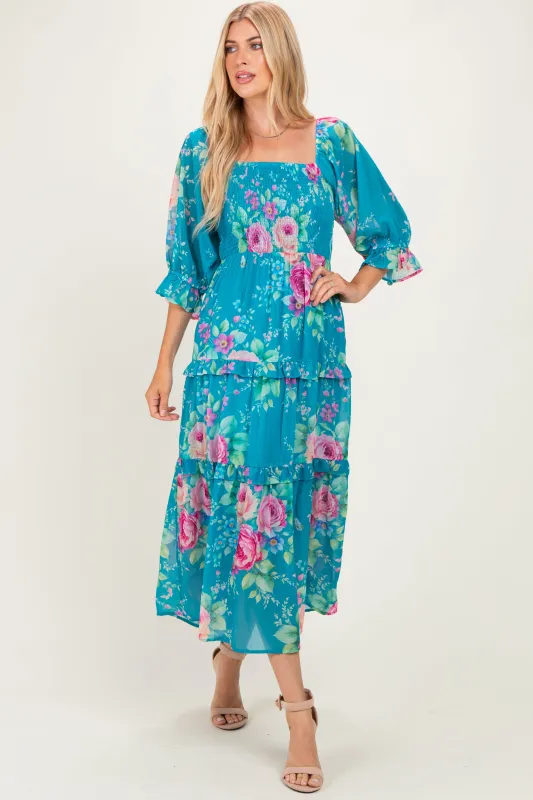 Blue Floral Smocked Chiffon Tiered Maxi Dress made by Davi & Dani