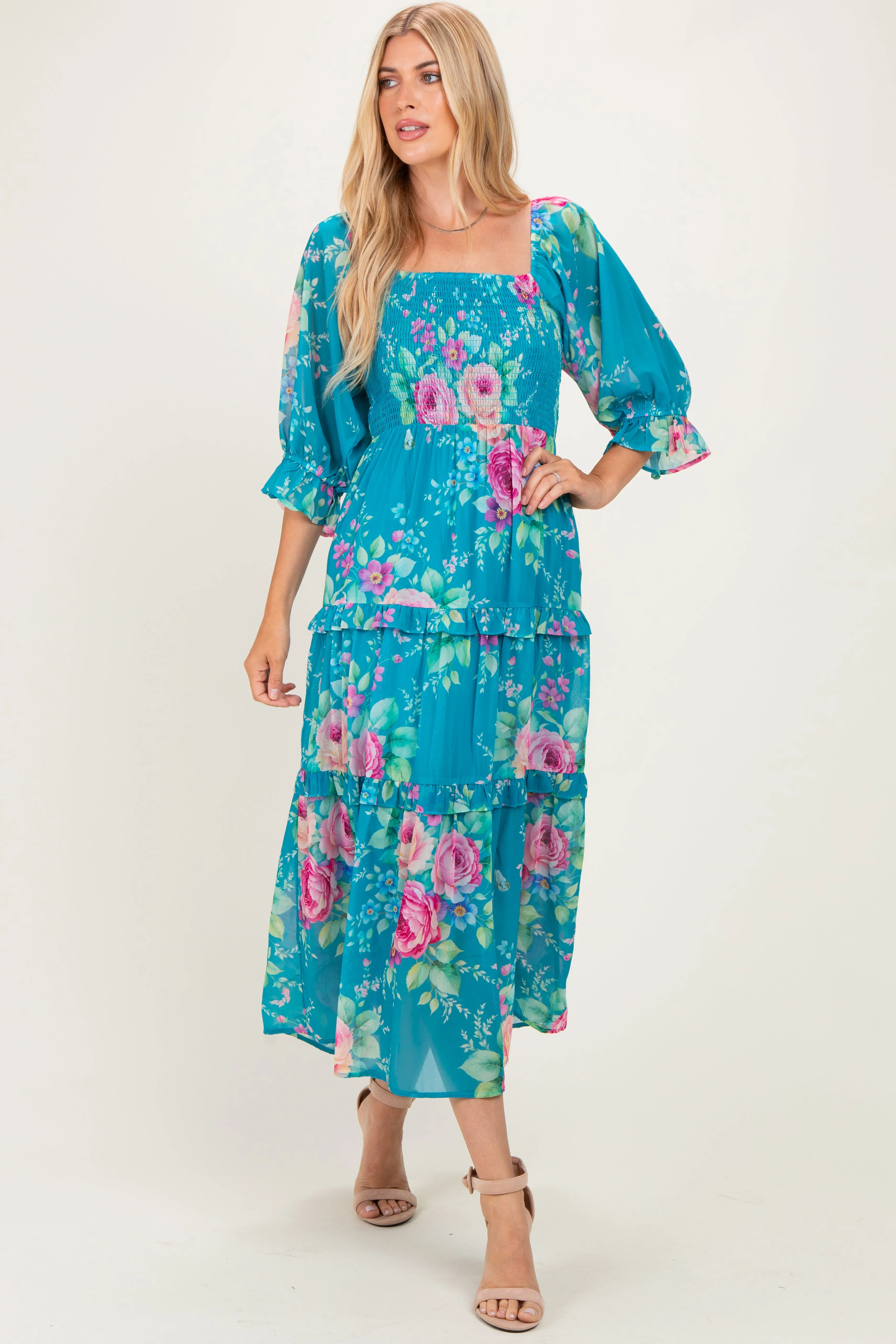 Blue Floral Smocked Chiffon Tiered Maxi Dress sold by Pinkblush