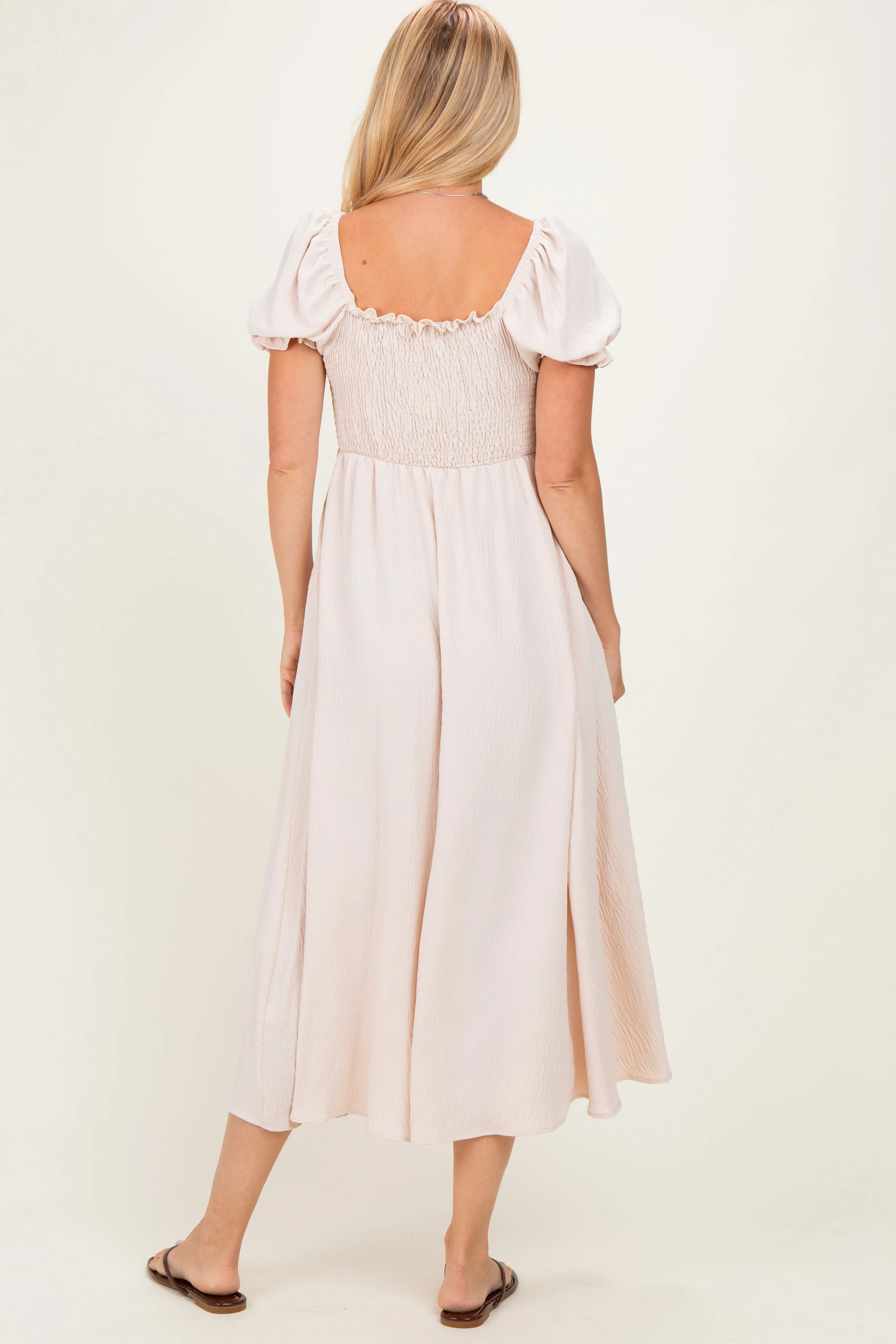 Beige Square Neck Puff Sleeve Midi Dress sold by Pinkblush product image thumbnail 3