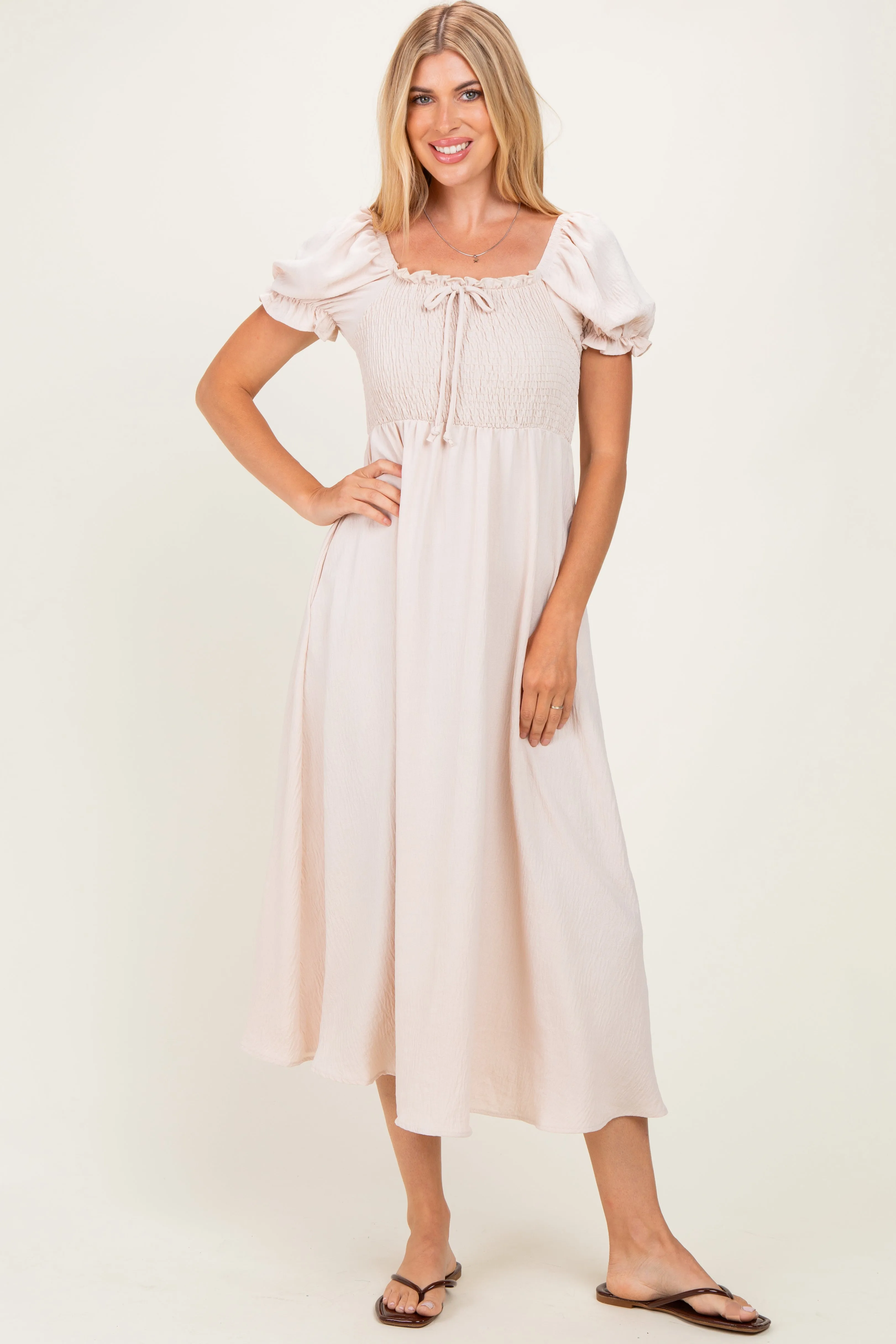 Beige Square Neck Puff Sleeve Midi Dress sold by Pinkblush