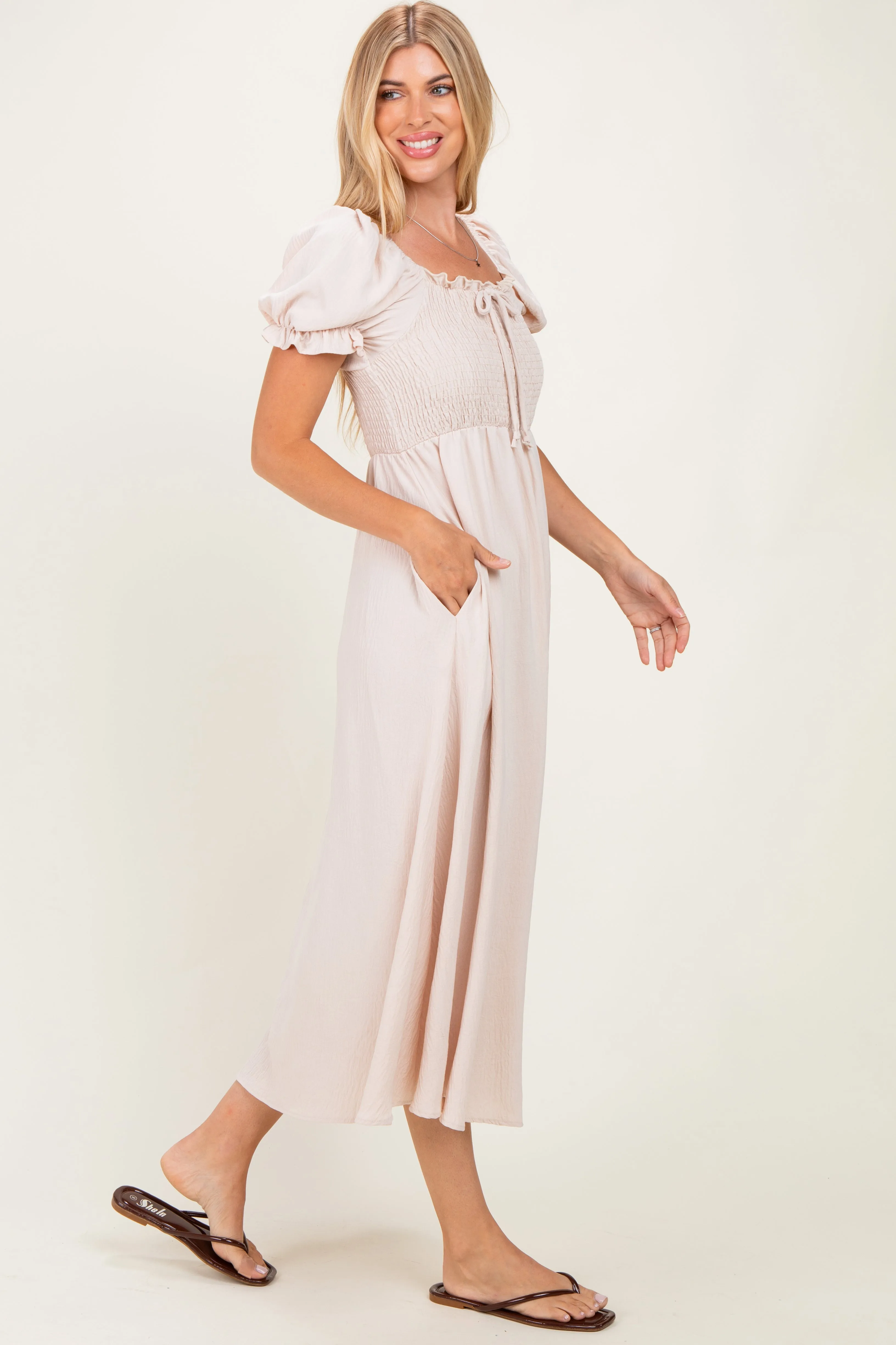 Beige Square Neck Puff Sleeve Midi Dress sold by Pinkblush product image thumbnail 2