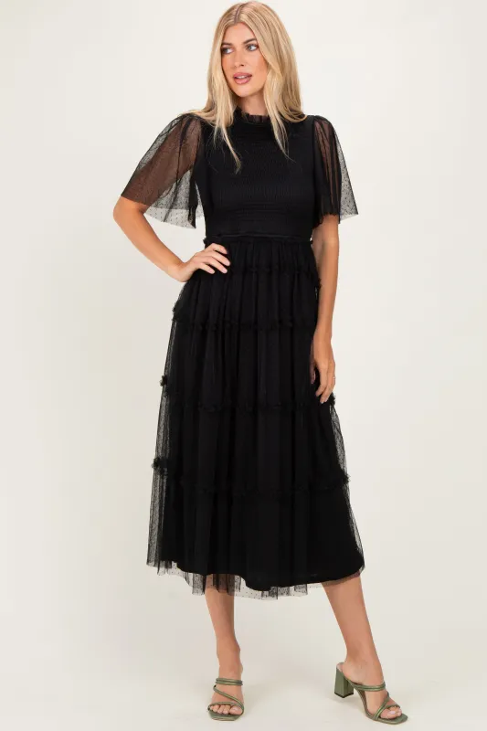 Black Smocked Top Mesh Midi Dress made by Pinkblush