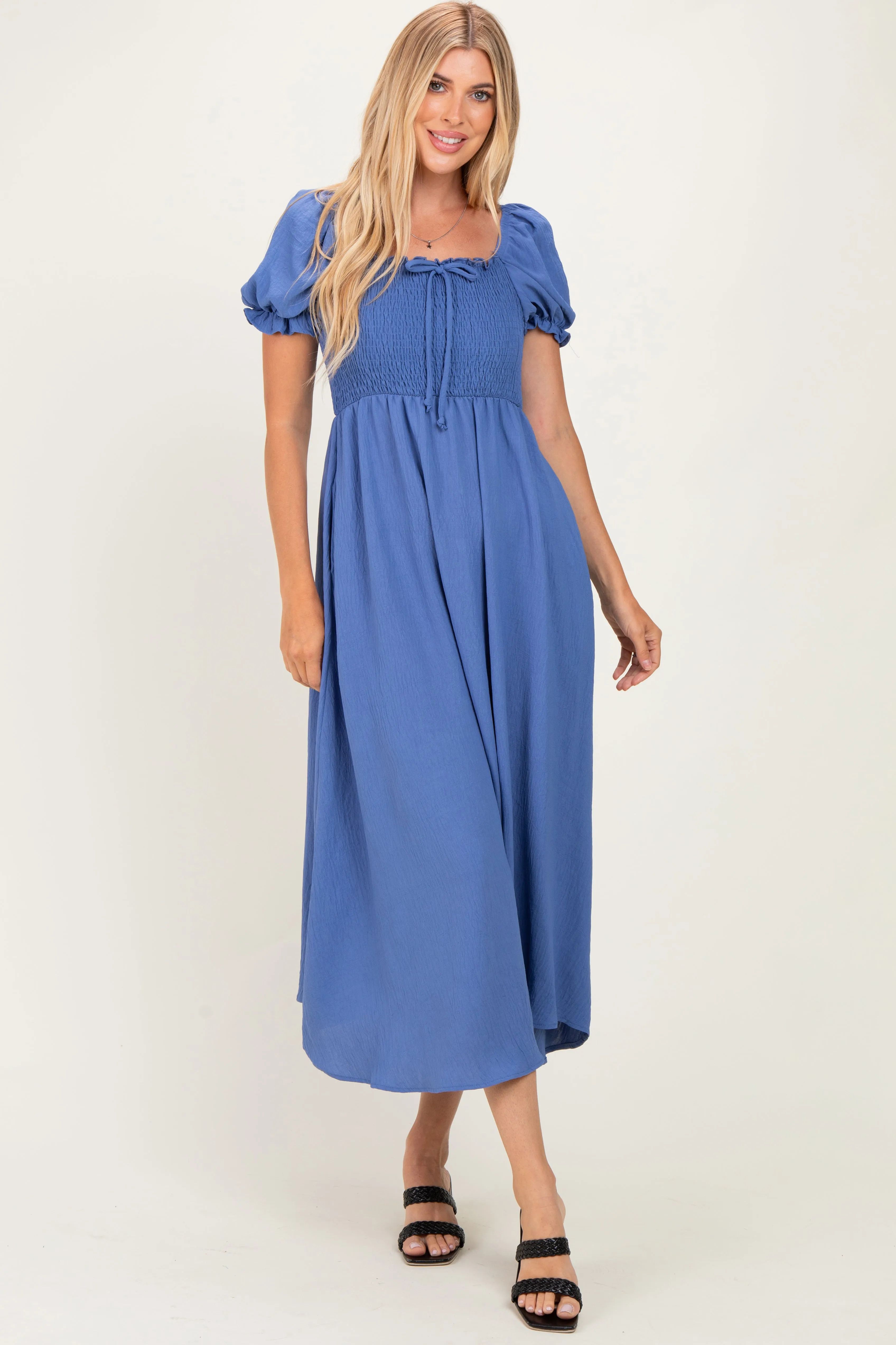 Blue Square Neck Puff Sleeve Midi Dress sold by Pinkblush