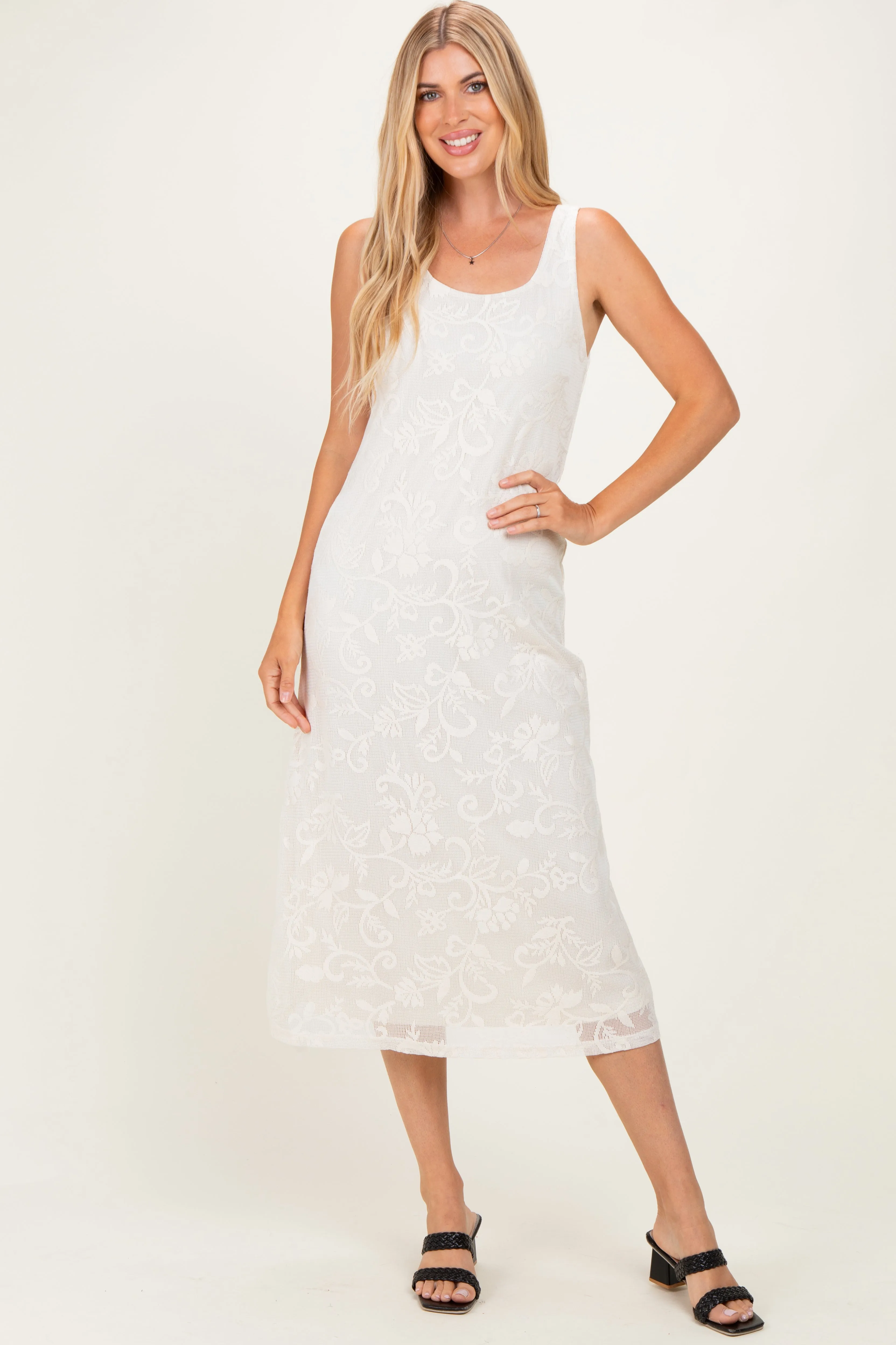 Ivory Floral Jacquard Mesh Midi Dress sold by Pinkblush