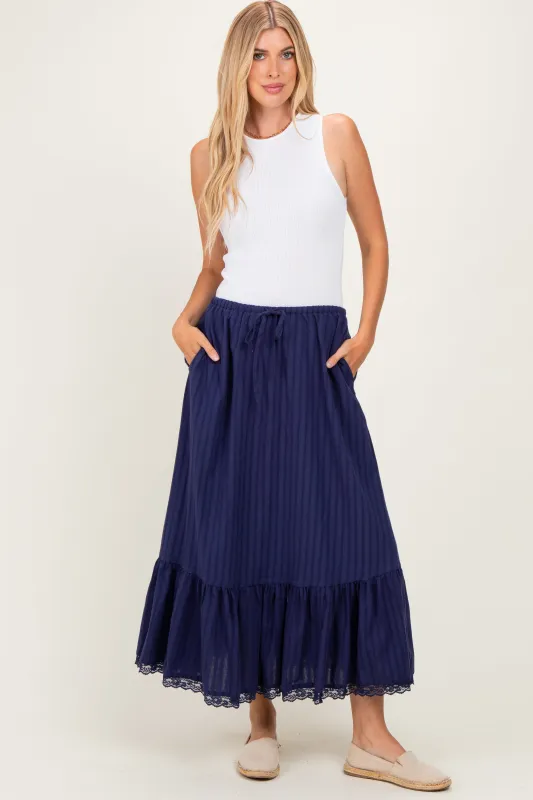 Navy Striped Lace Trim Midi Skirt made by BaeVely