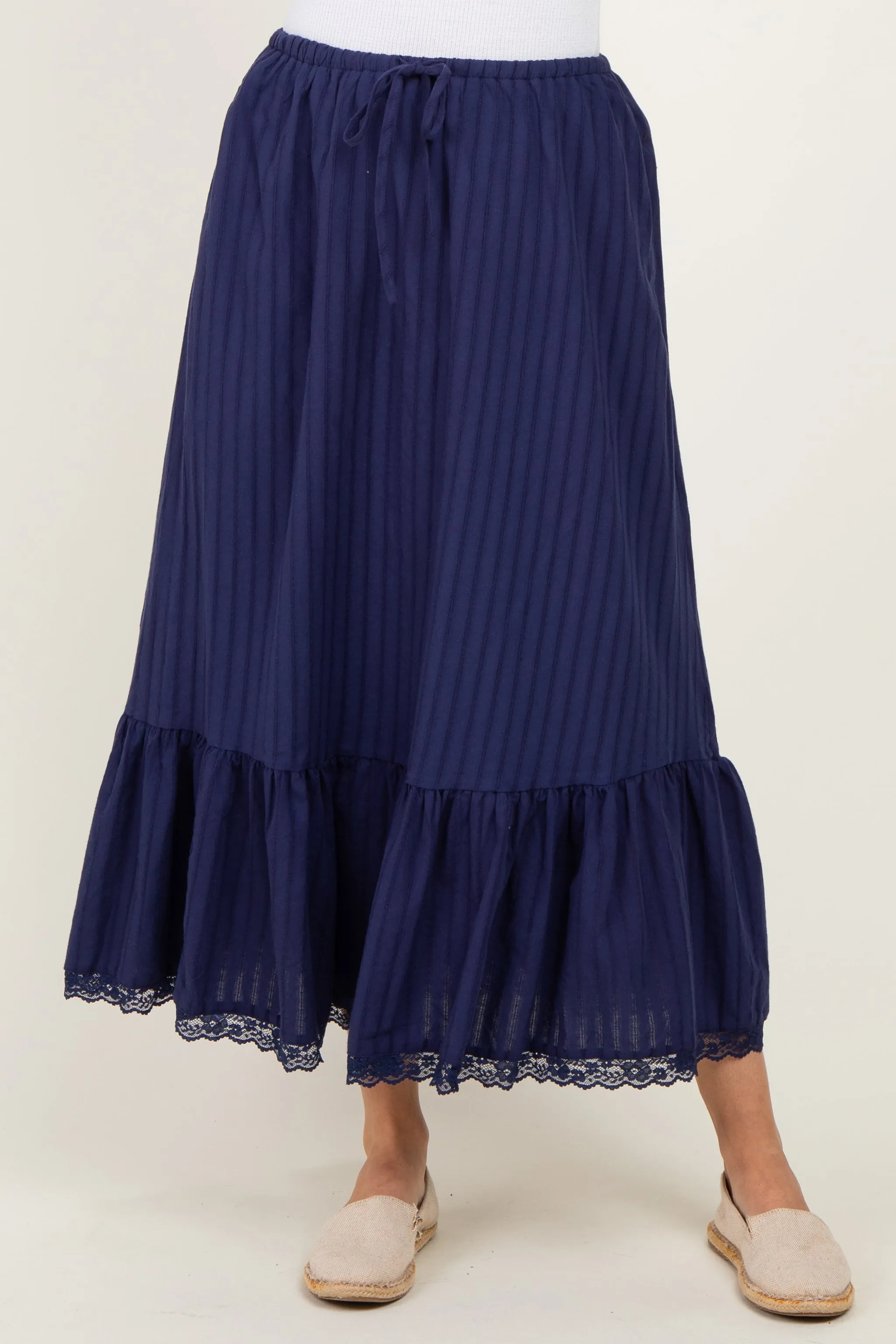 Navy Striped Lace Trim Midi Skirt sold by Pinkblush product image thumbnail 2