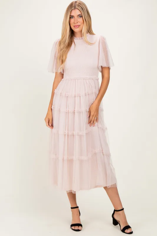 Cream Smocked Top Mesh Midi Dress made by Pinkblush