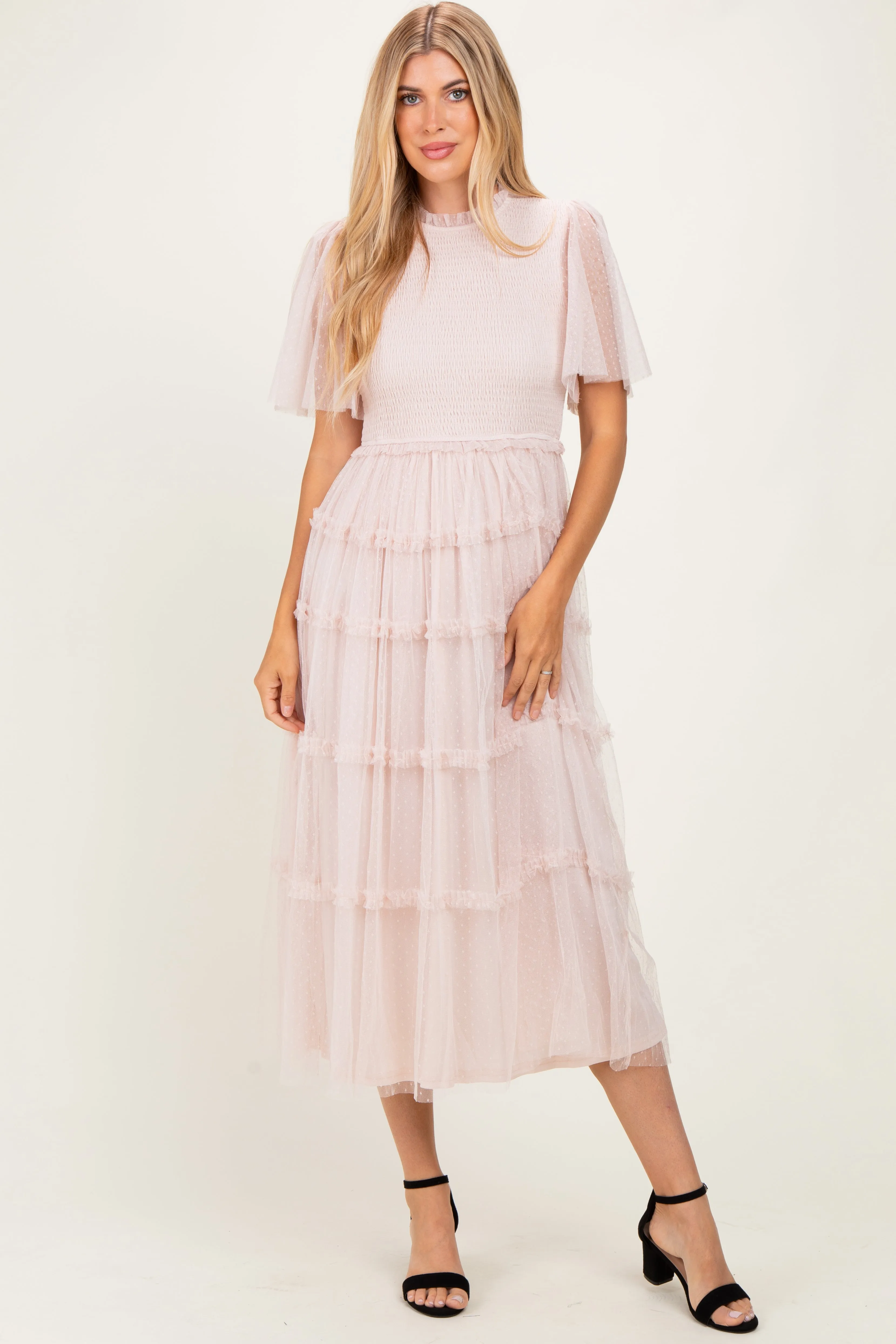 Cream Smocked Top Mesh Midi Dress sold by Pinkblush