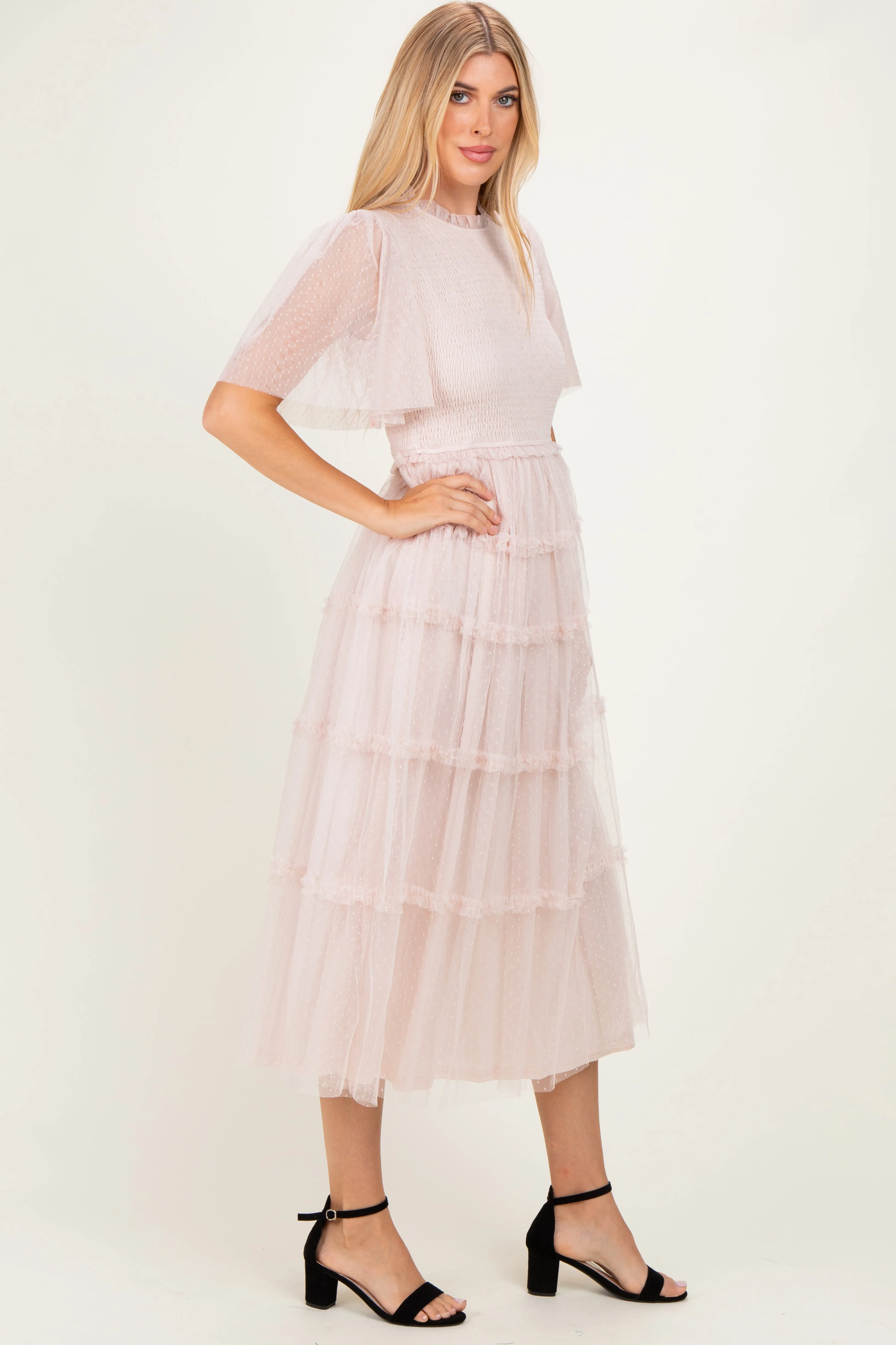Cream Smocked Top Mesh Midi Dress sold by Pinkblush product image thumbnail 2