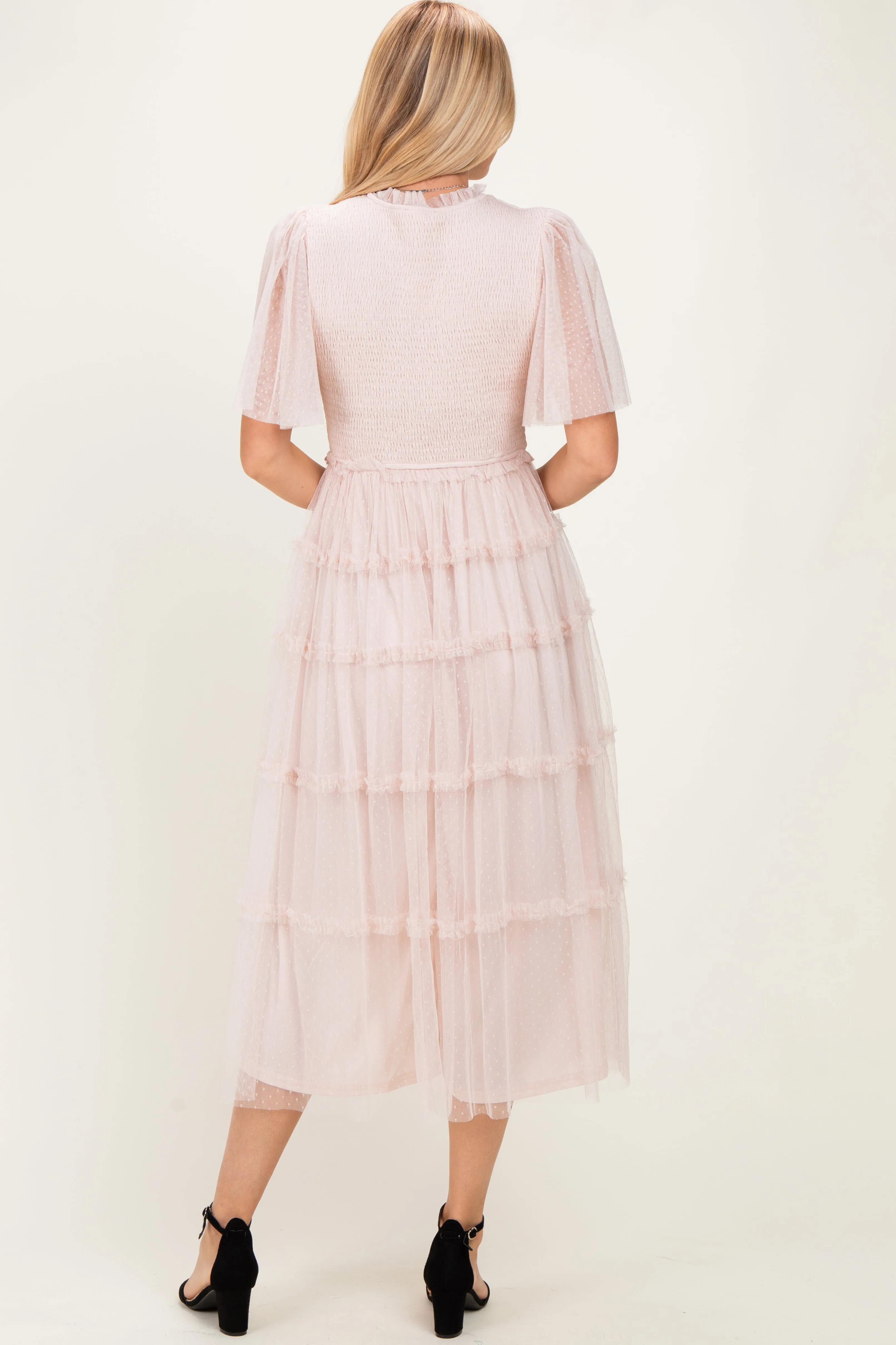 Cream Smocked Top Mesh Midi Dress sold by Pinkblush product image thumbnail 3