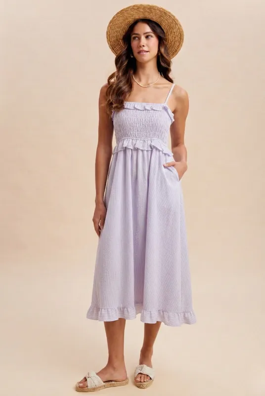 Lavender Striped Smocked Ruffle Accent Midi Dress made by AnnieWear