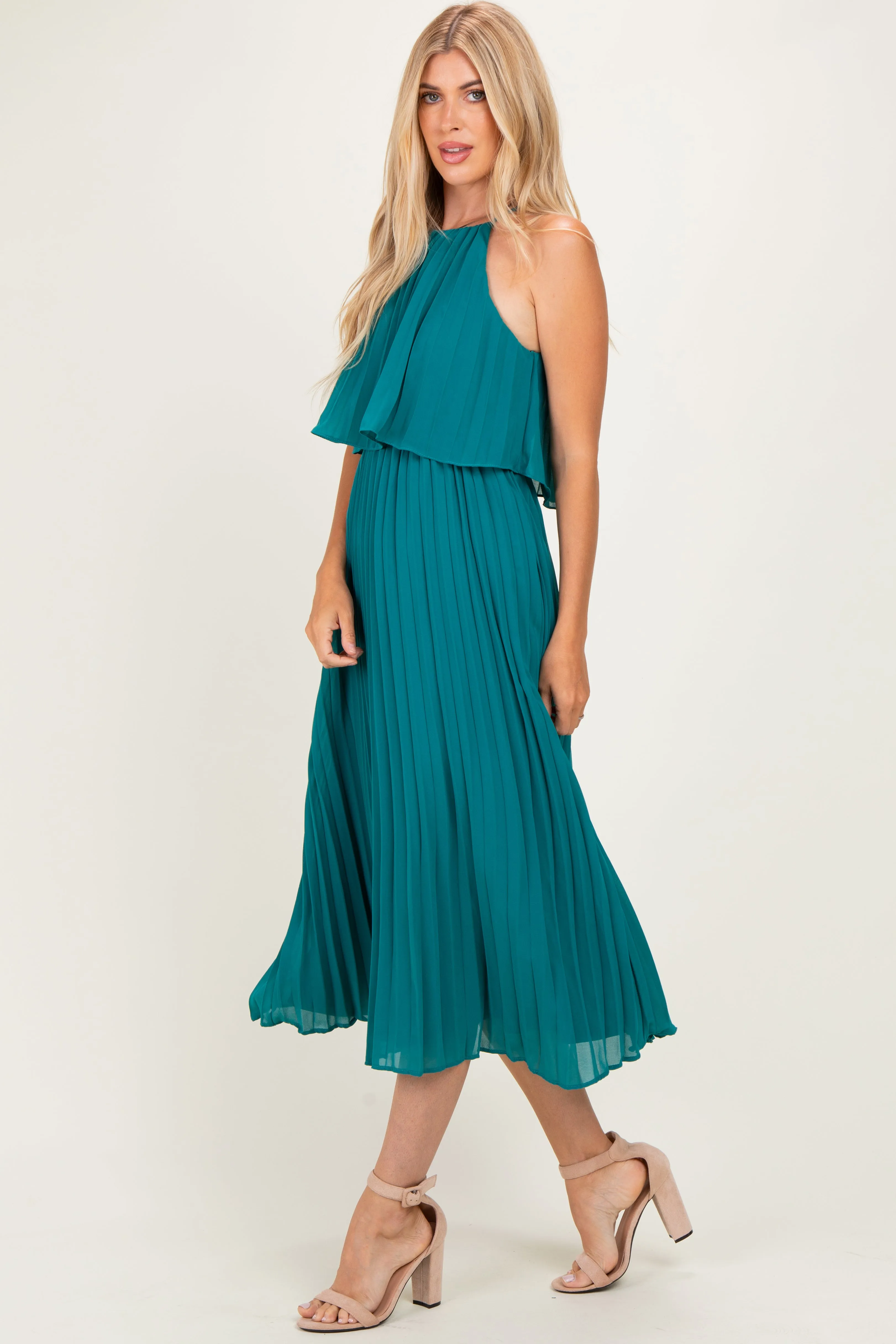 Teal Pleated Woven Midi Dress sold by Pinkblush product image thumbnail 3
