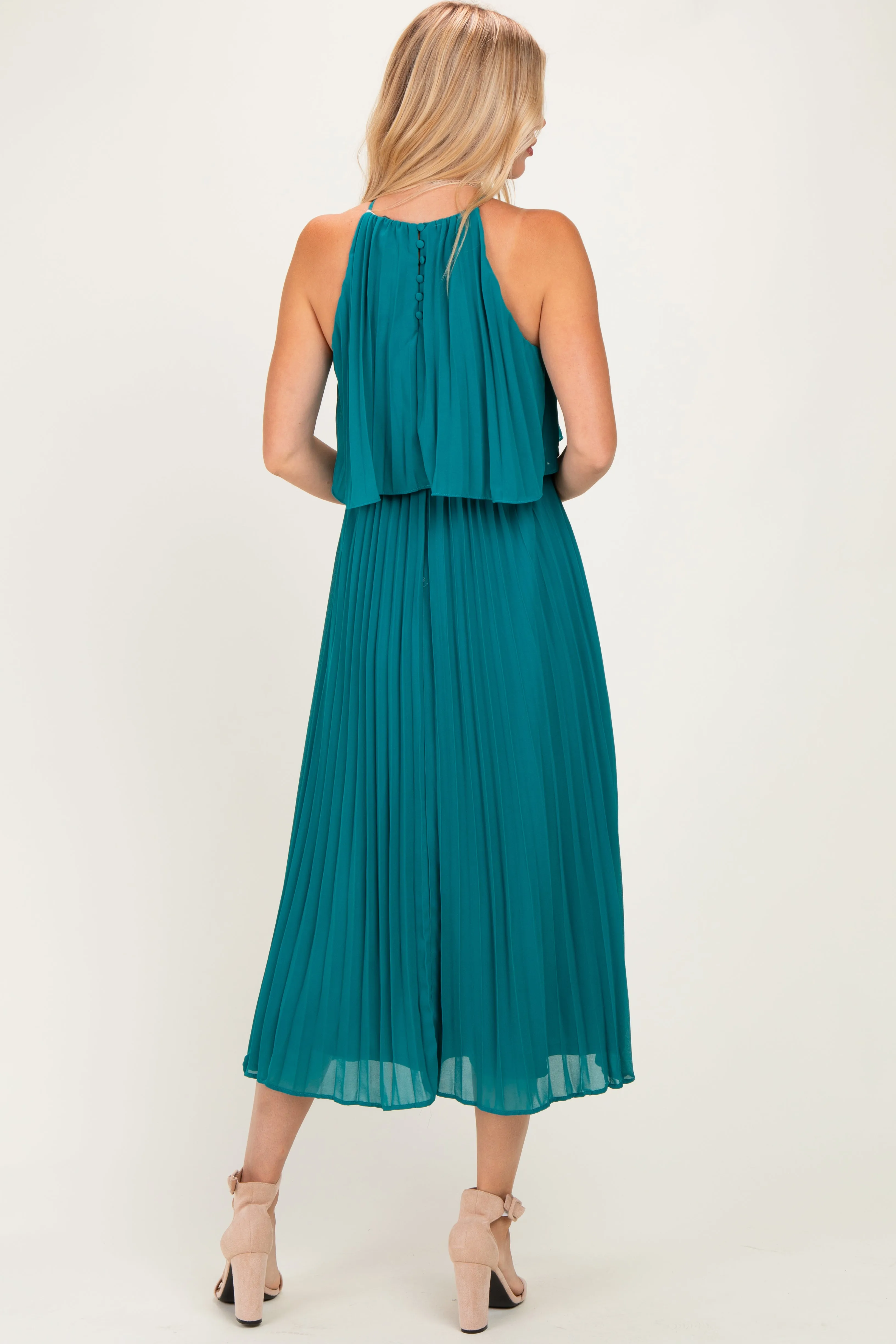 Teal Pleated Woven Midi Dress sold by Pinkblush product image thumbnail 4