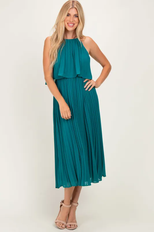 Teal Pleated Woven Midi Dress made by Pinkblush