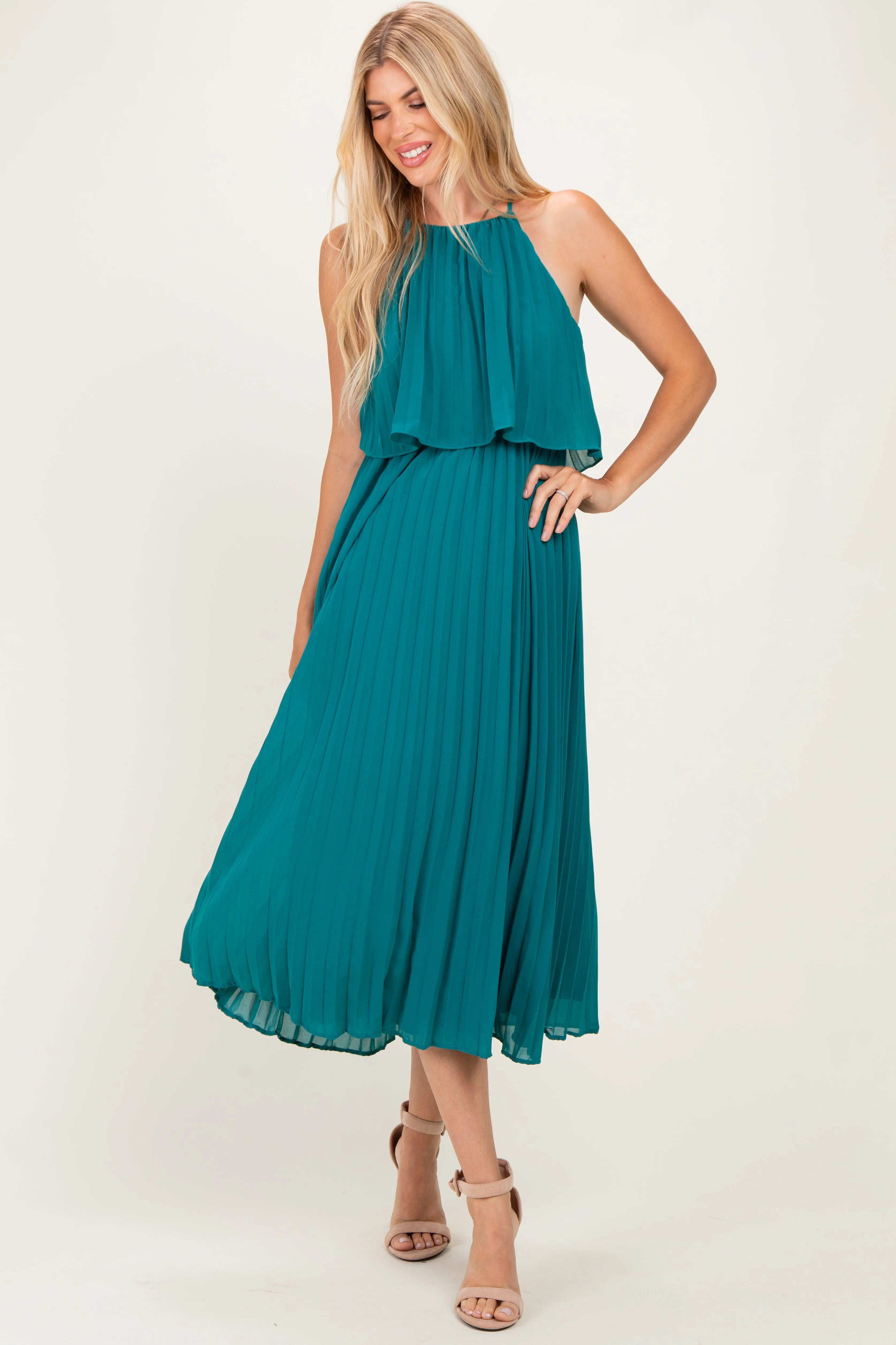 Teal Pleated Woven Midi Dress sold by Pinkblush product image thumbnail 2