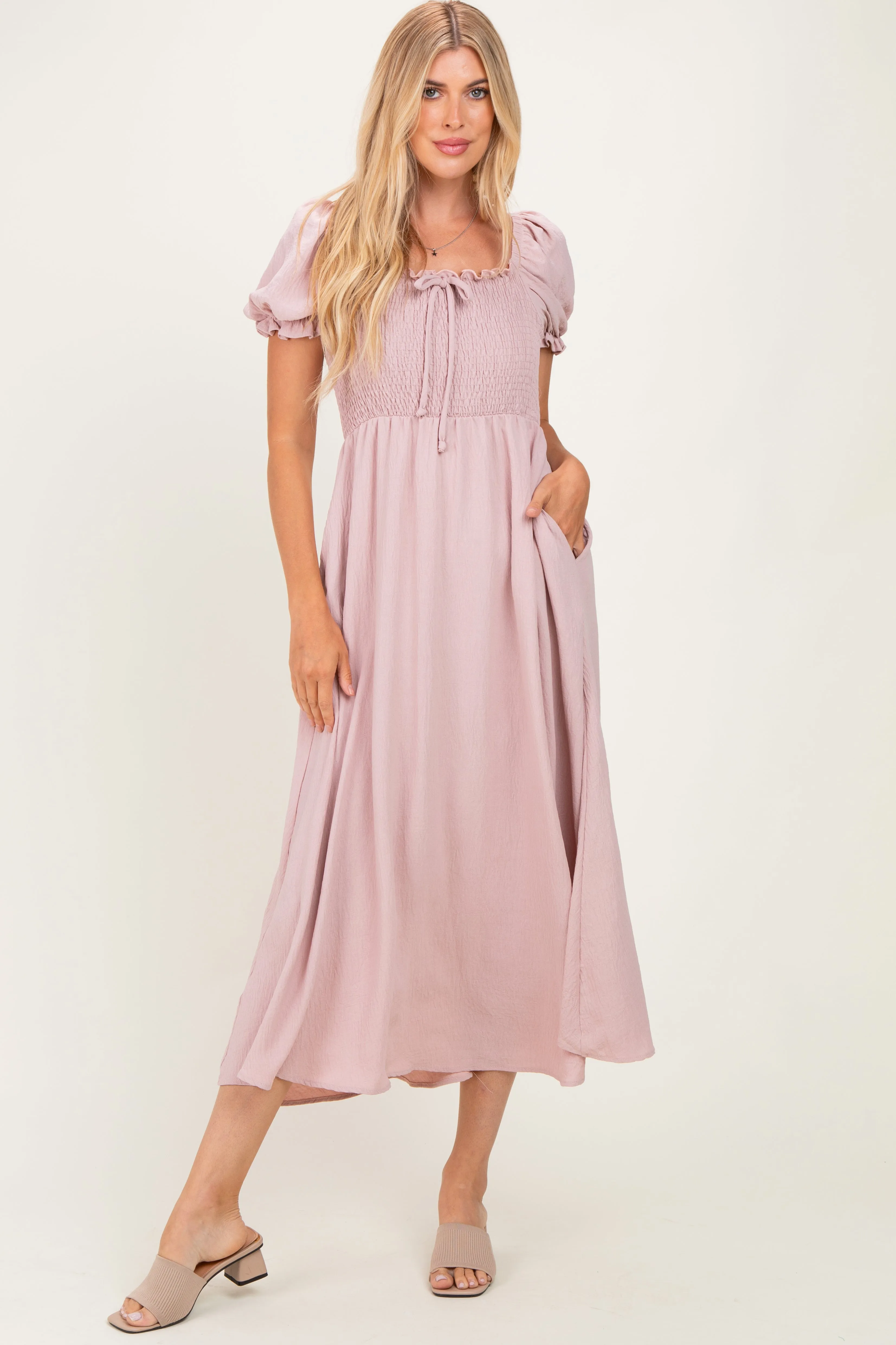 Mauve Square Neck Puff Sleeve Midi Dress sold by Pinkblush