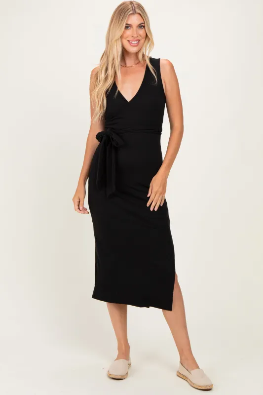 Black Sleeveless Wrap Midi Dress made by Pinkblush