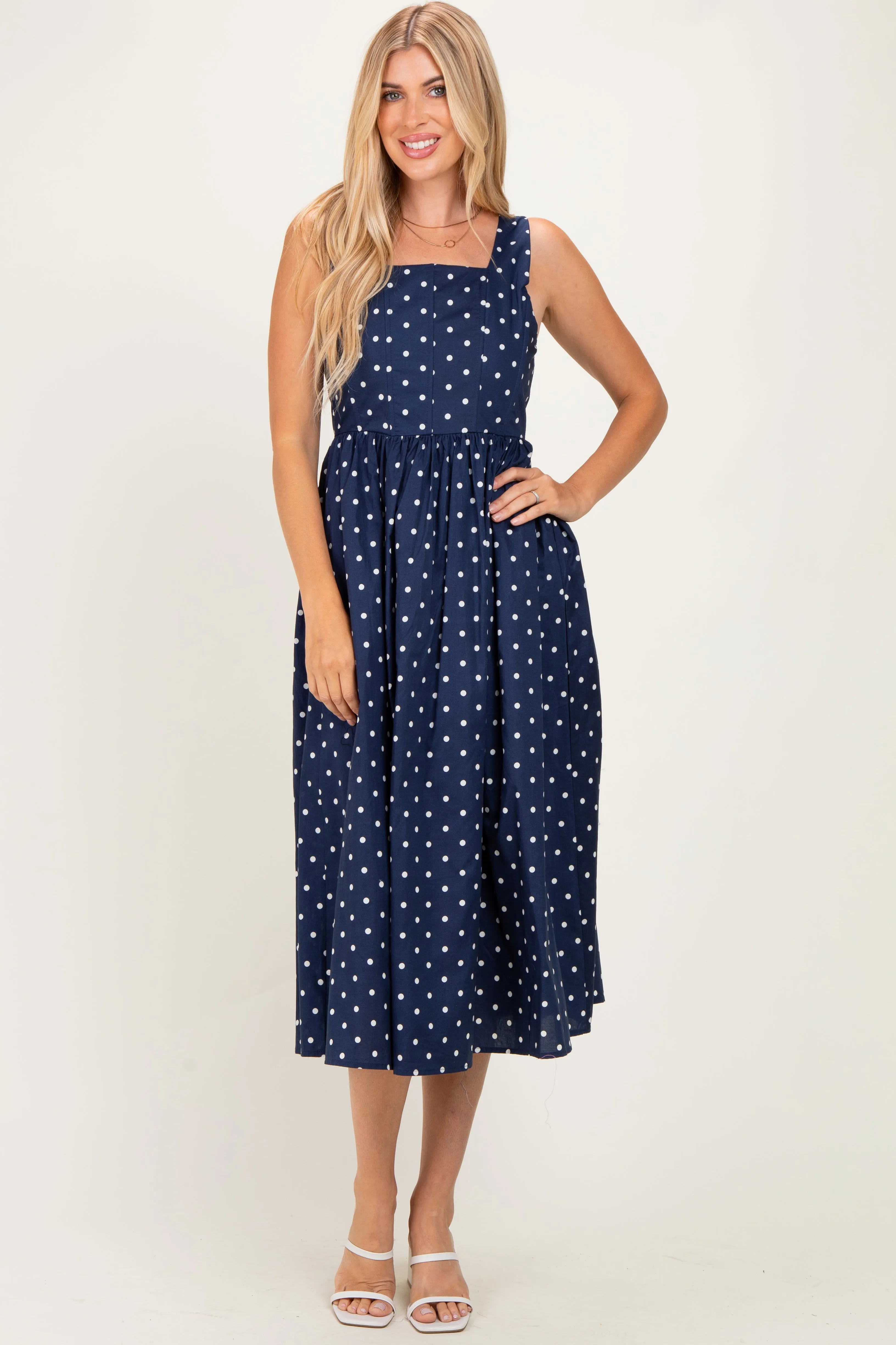 Navy Polka Dot Sleeveless Midi Dress sold by Pinkblush product image thumbnail 2