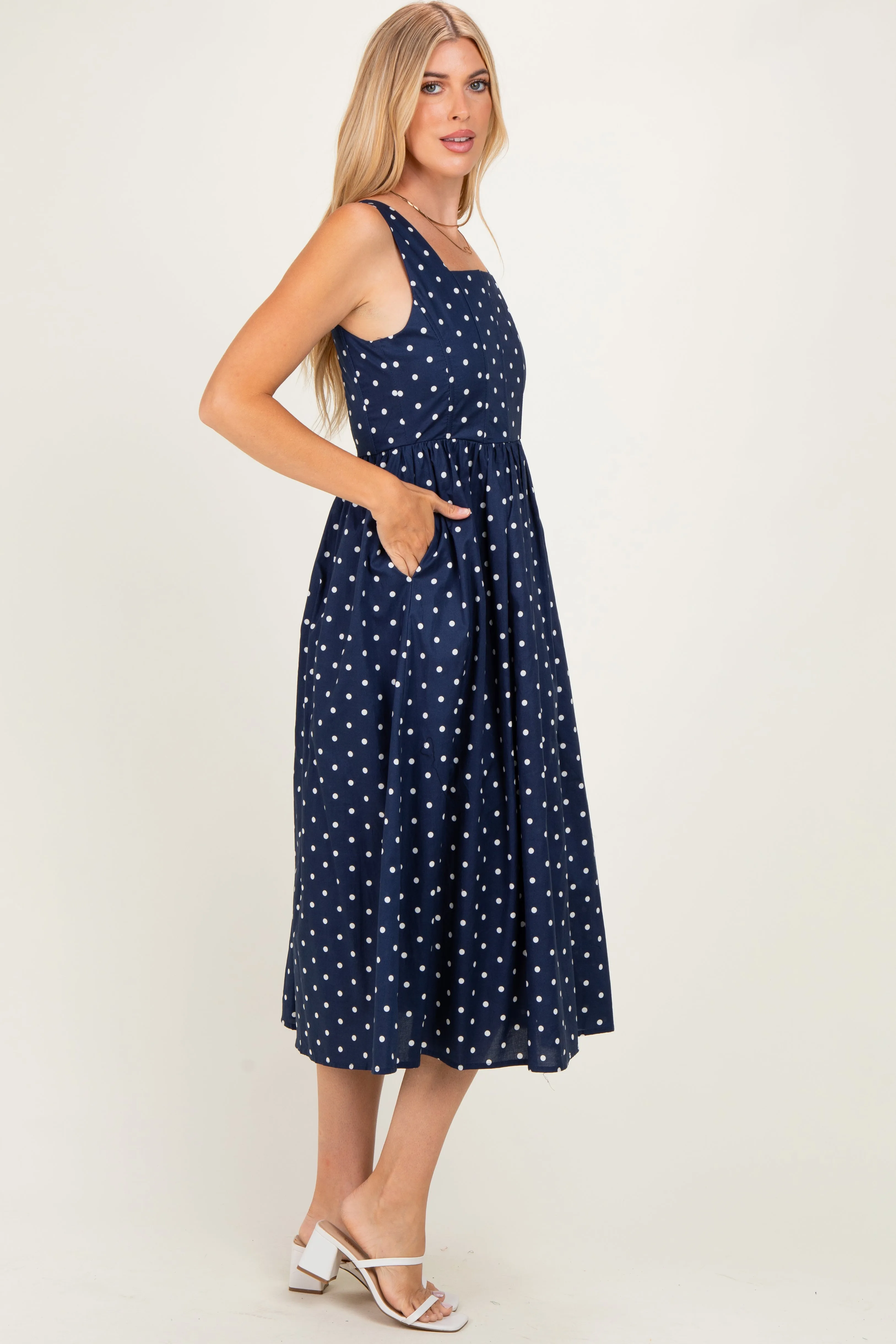 Navy Polka Dot Sleeveless Midi Dress sold by Pinkblush product image thumbnail 3