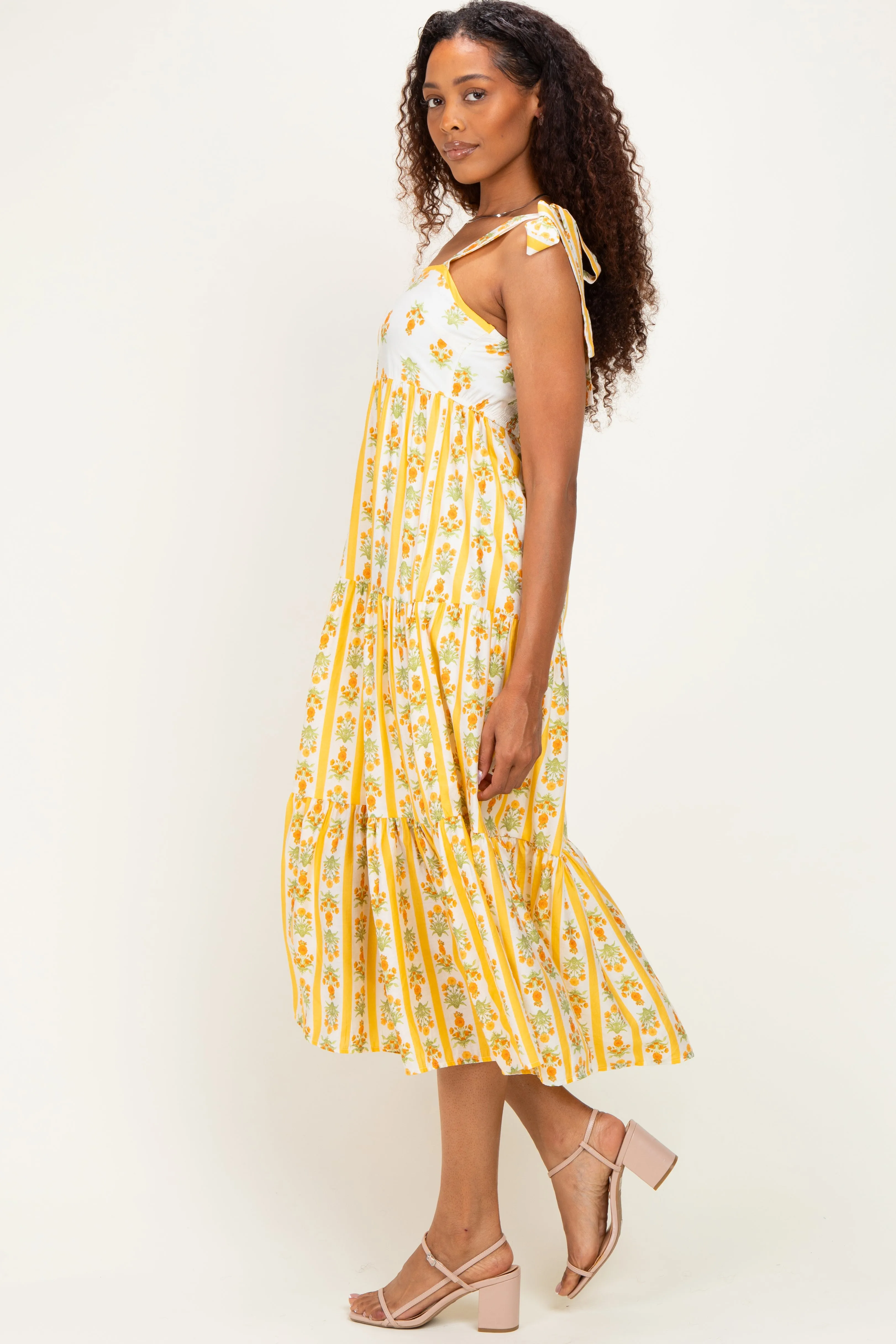 Yellow Striped Floral Shoulder Tie Midi Dress sold by Pinkblush product image thumbnail 2