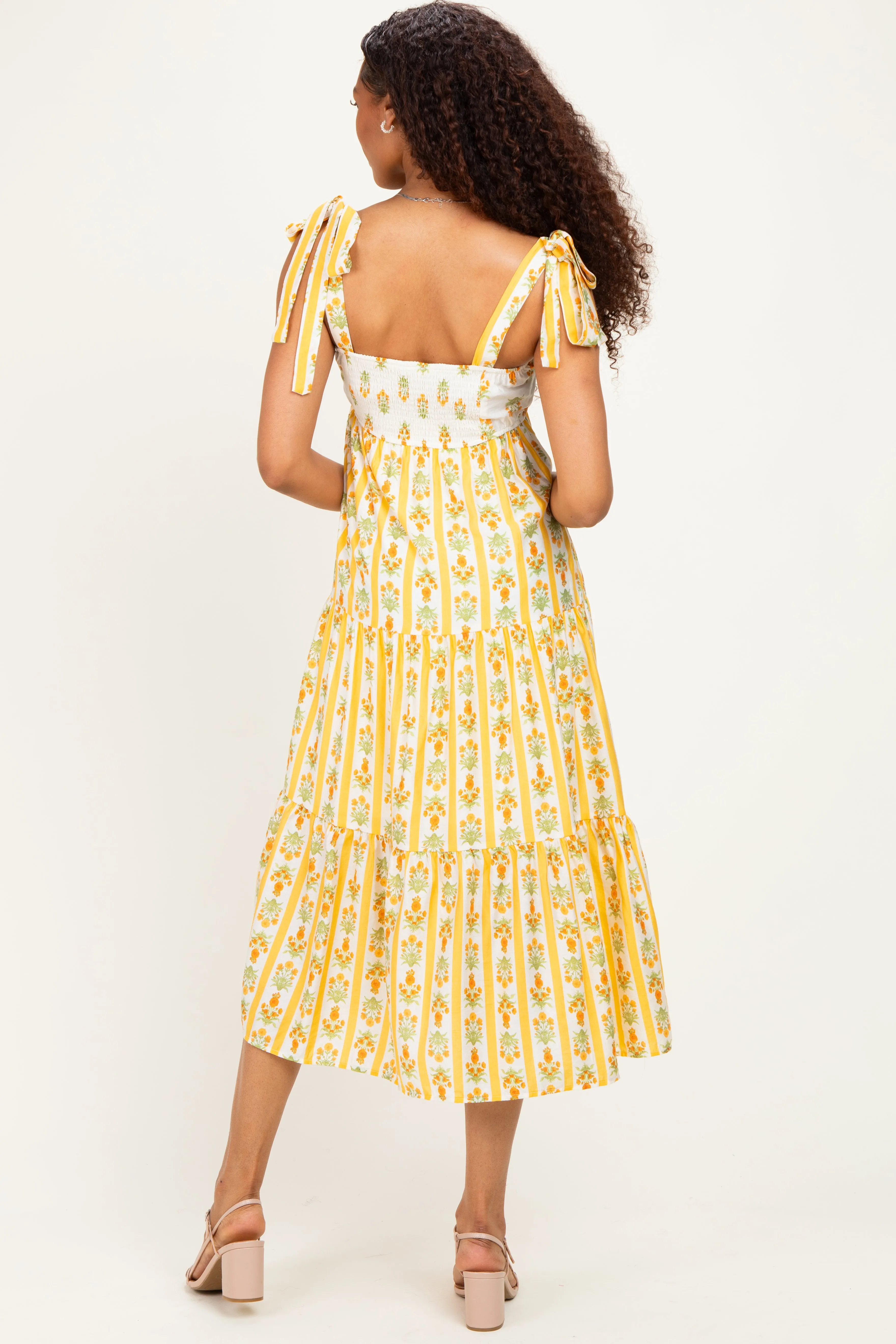Yellow Striped Floral Shoulder Tie Midi Dress sold by Pinkblush product image thumbnail 3