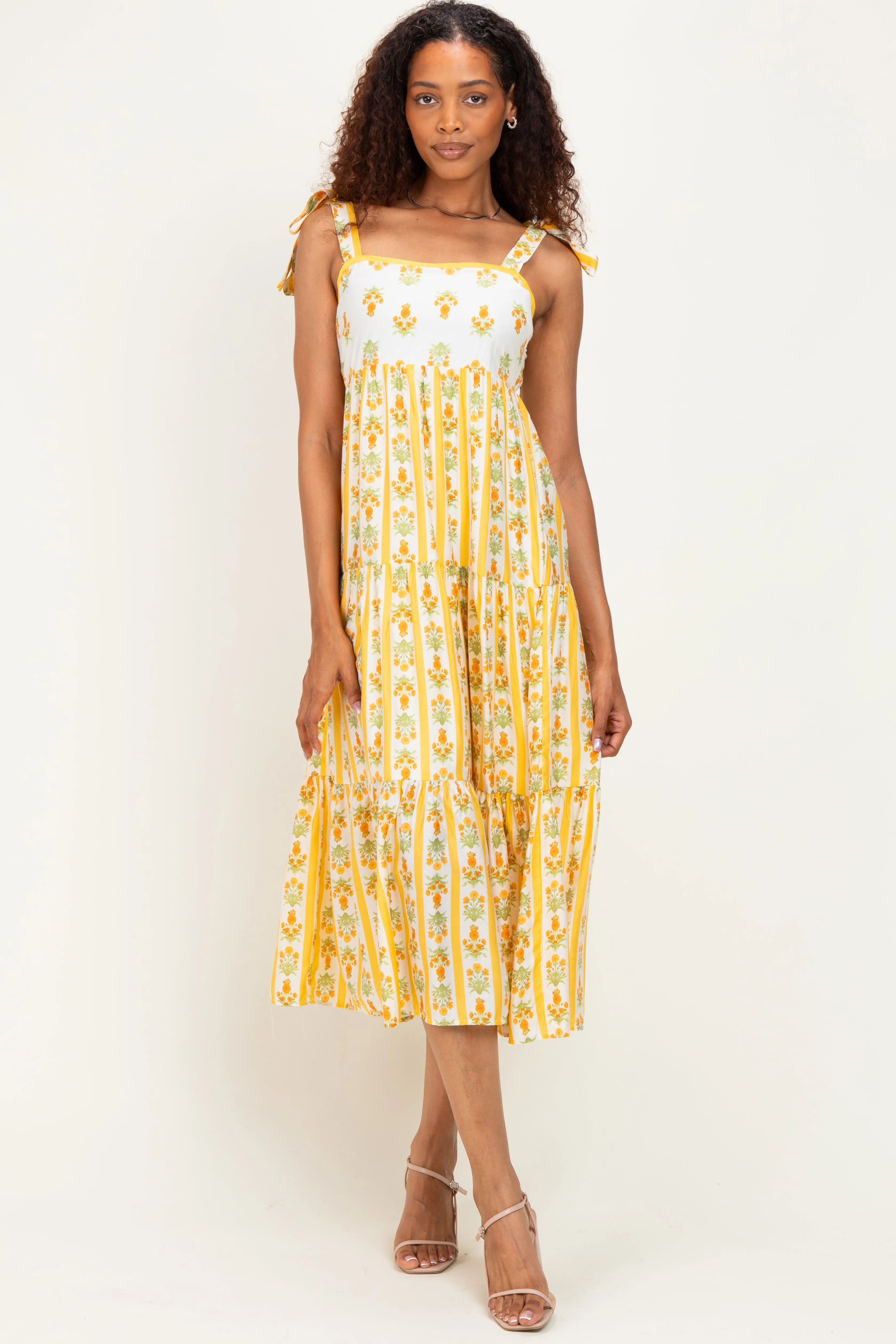 Yellow Striped Floral Shoulder Tie Midi Dress sold by Pinkblush