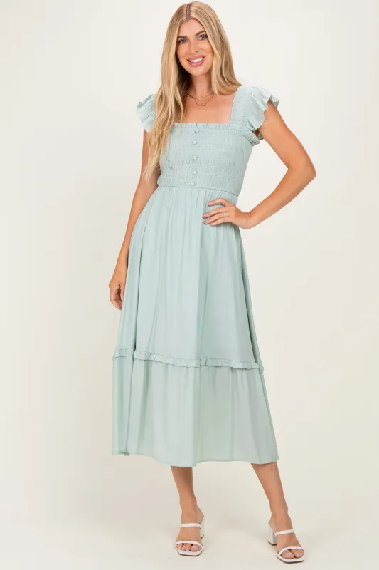Light Blue Button Accent Smocked Ruffle Midi Dress made by Pinkblush