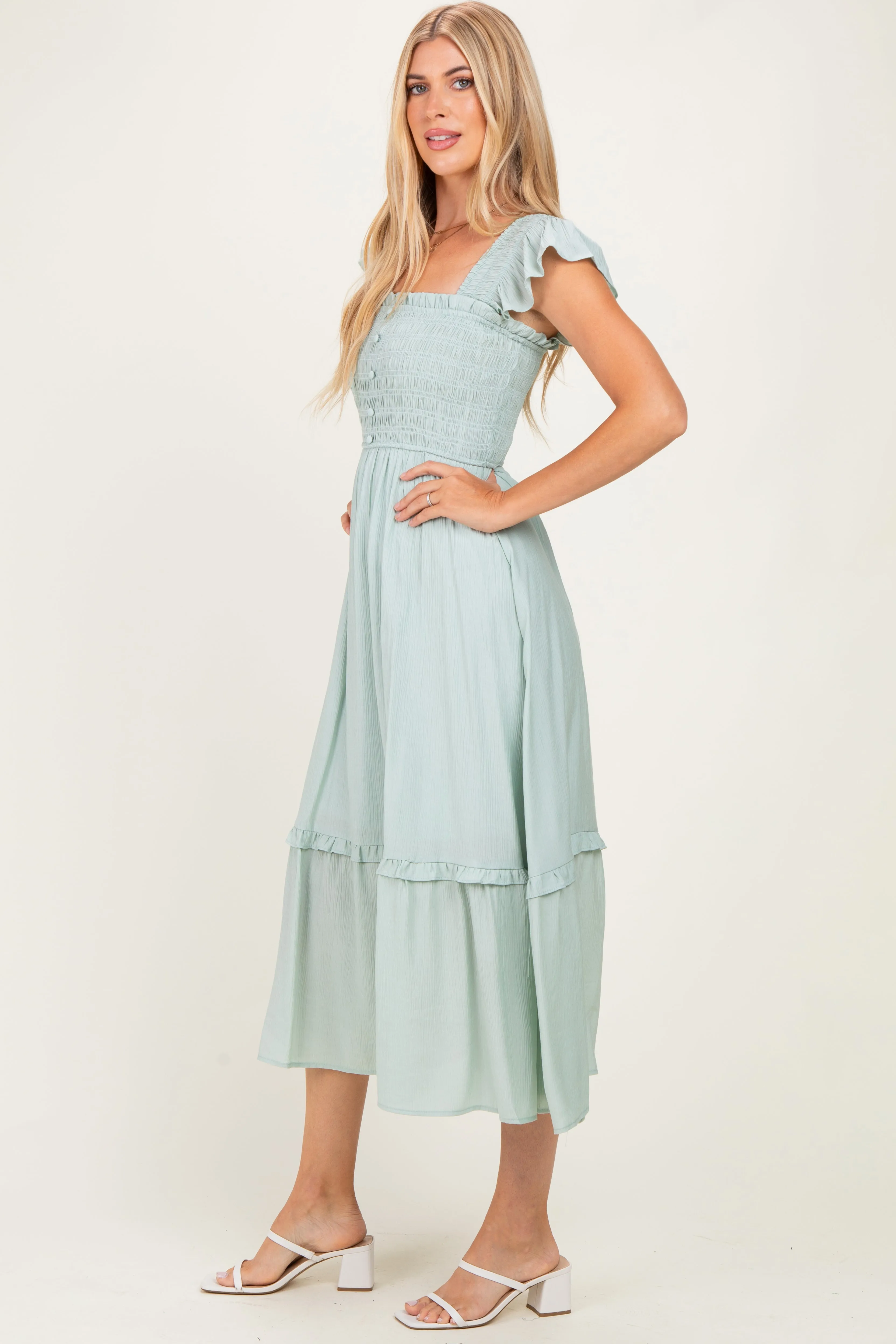 Light Blue Button Accent Smocked Ruffle Midi Dress sold by Pinkblush product image thumbnail 2
