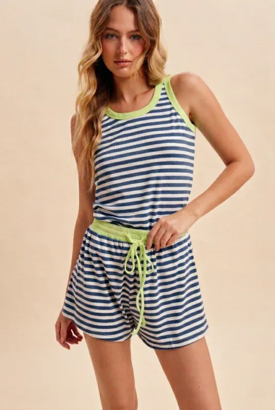 Navy Striped Solid Trim Tank Short Set made by AnnieWear