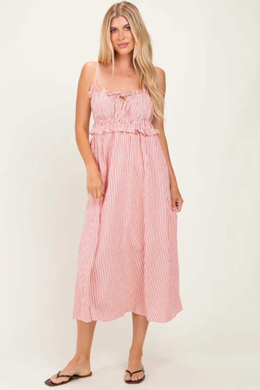 Red Striped Front Tie Cutout Ruffle Midi Dress made by Pinkblush