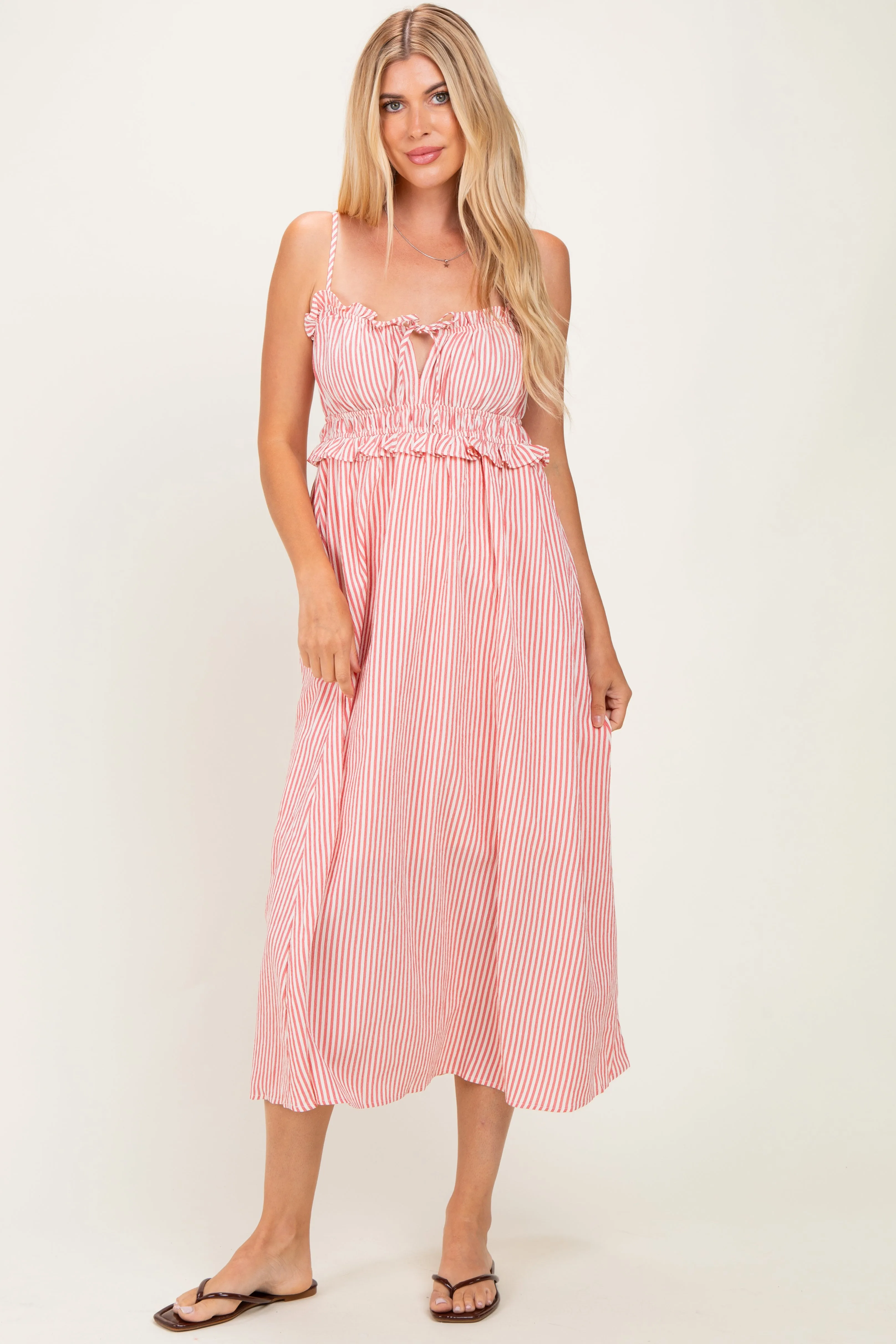 Red Striped Front Tie Cutout Ruffle Midi Dress sold by Pinkblush