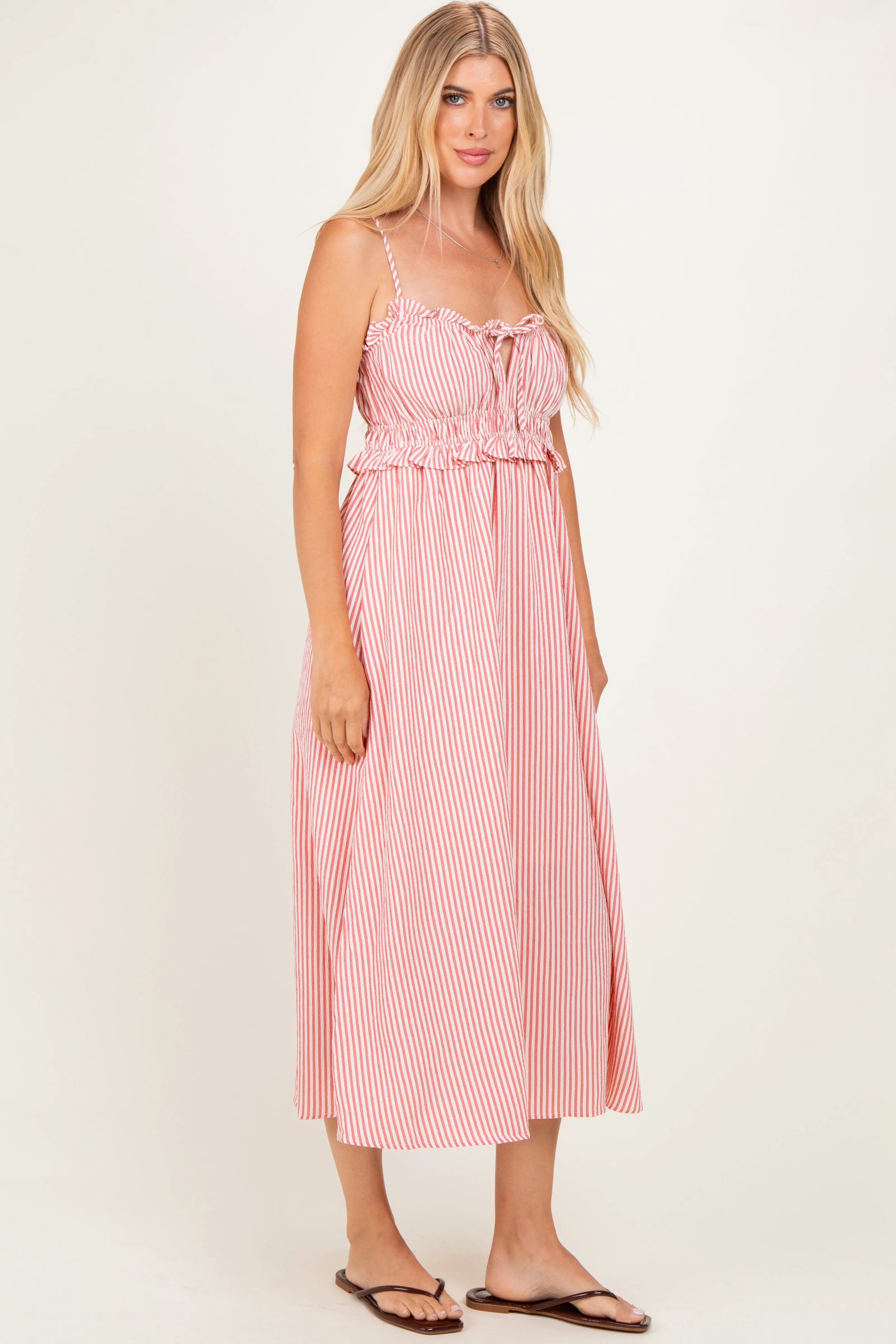 Red Striped Front Tie Cutout Ruffle Midi Dress sold by Pinkblush product image thumbnail 2