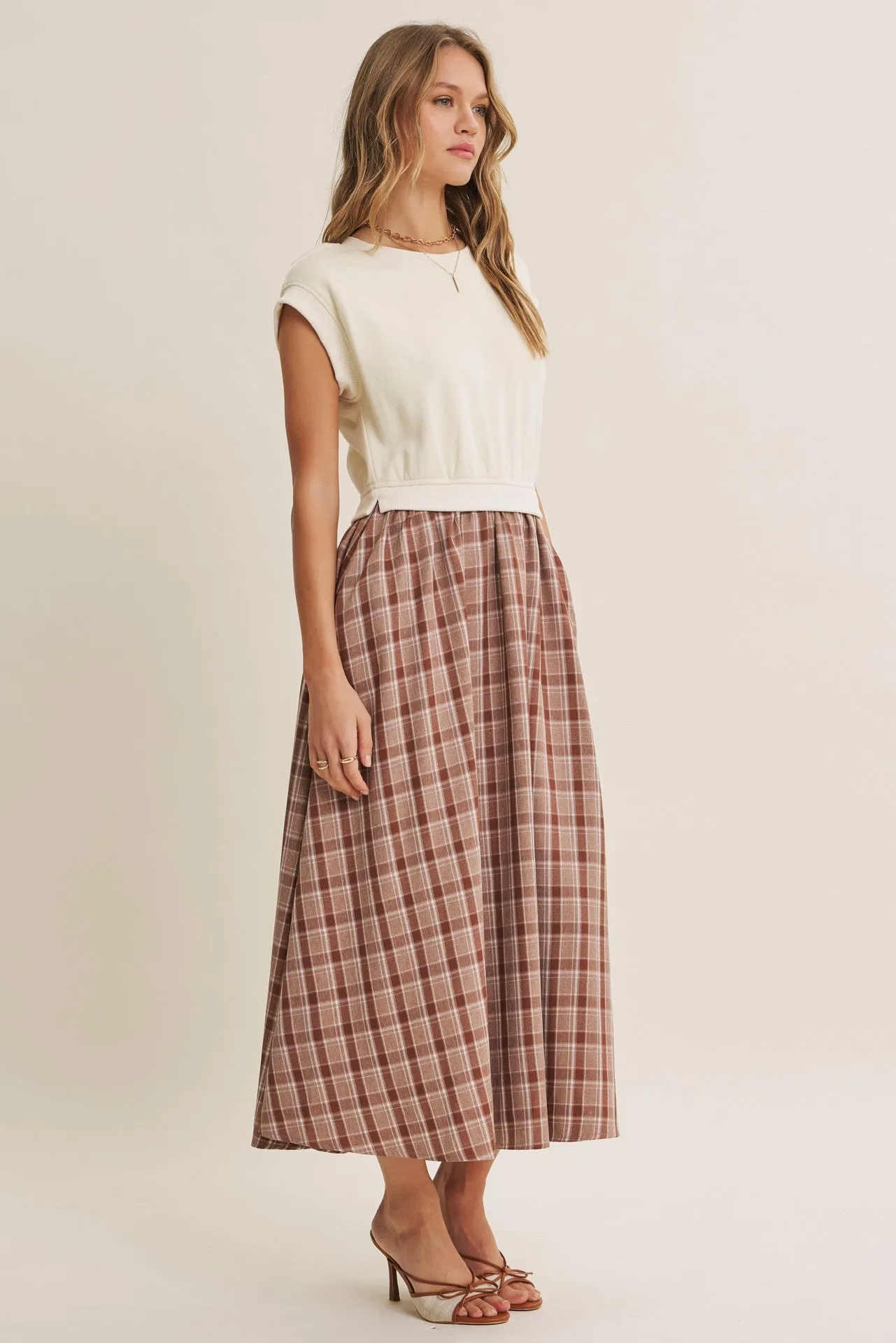 Cream/Mocha Plaid Cap Sleeve Midi Dress sold by Pinkblush product image thumbnail 2