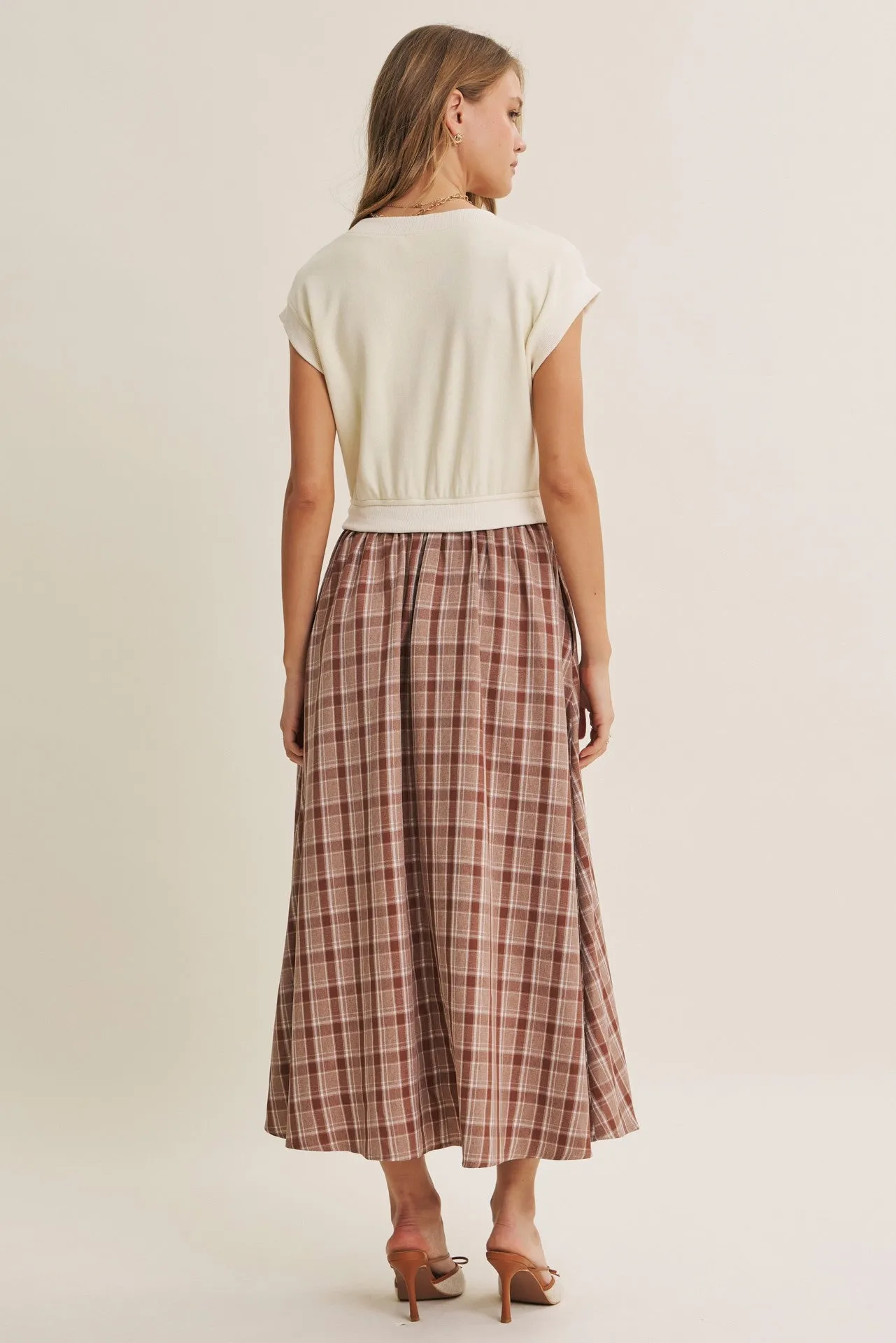 Cream/Mocha Plaid Cap Sleeve Midi Dress sold by Pinkblush product image thumbnail 3