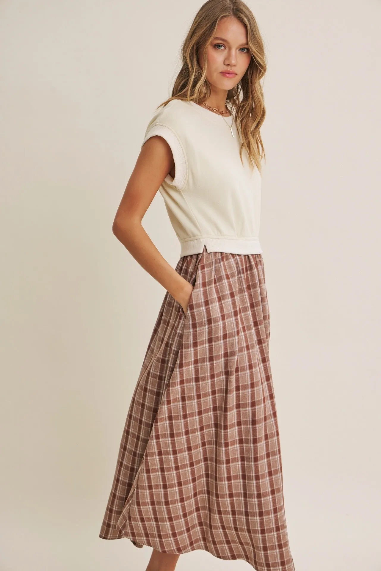 Cream/Mocha Plaid Cap Sleeve Midi Dress sold by Pinkblush product image thumbnail 4