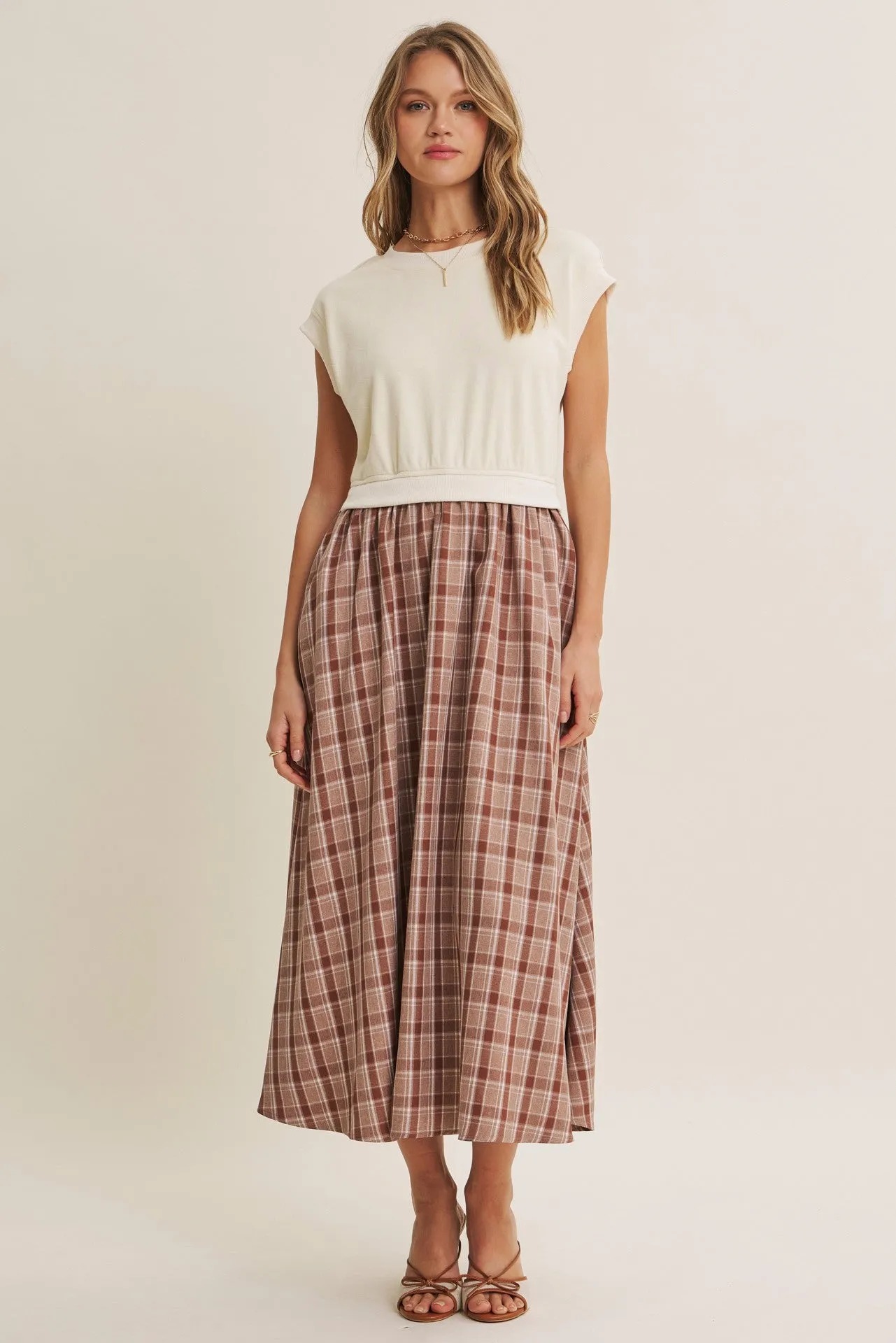 Cream/Mocha Plaid Cap Sleeve Midi Dress sold by Pinkblush
