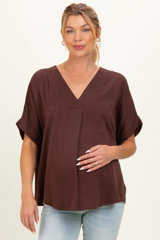Brown V-Neck Pin-Tuck Detail Maternity Top made by Pinkblush