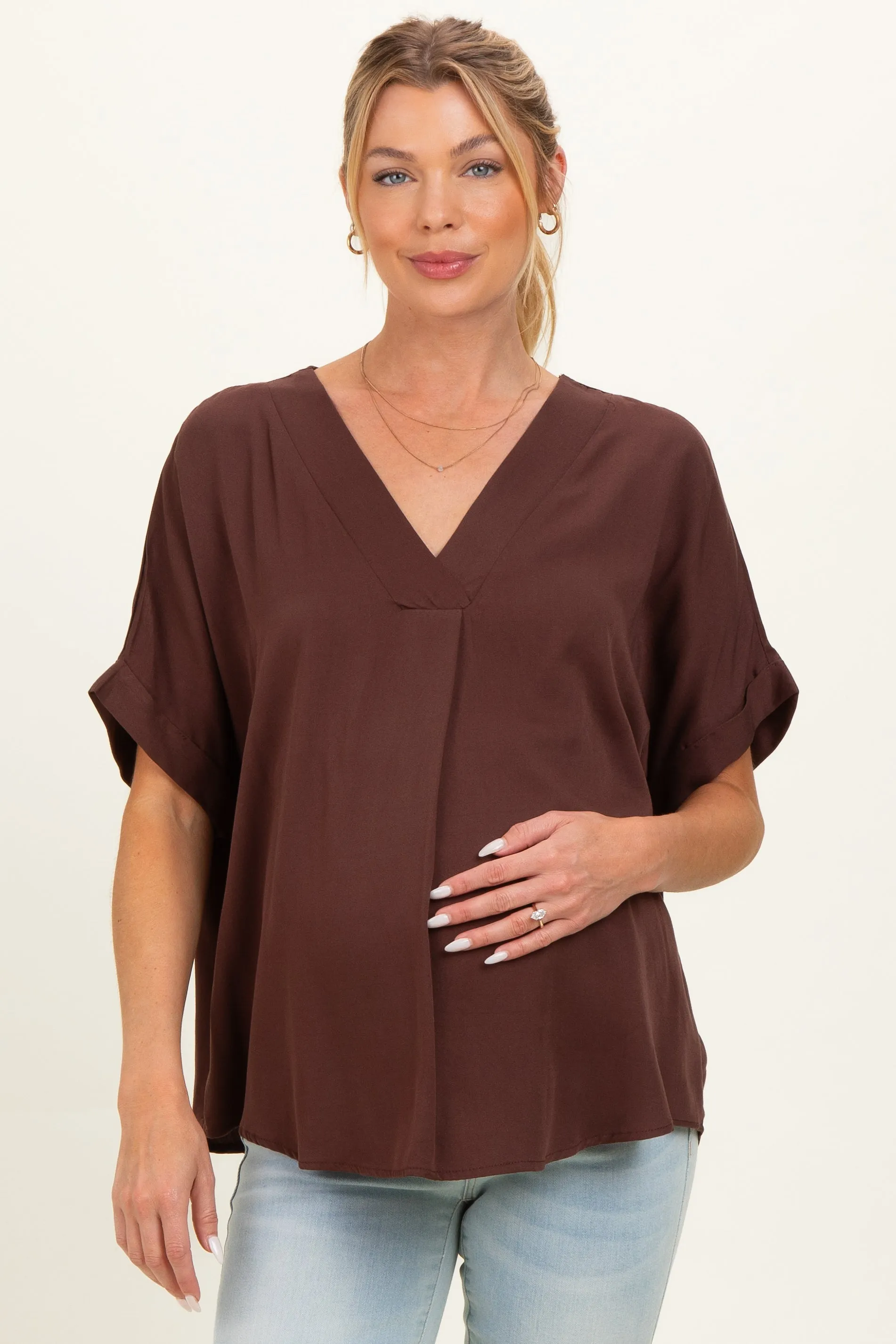 Brown V-Neck Pin-Tuck Detail Maternity Top sold by Pinkblush