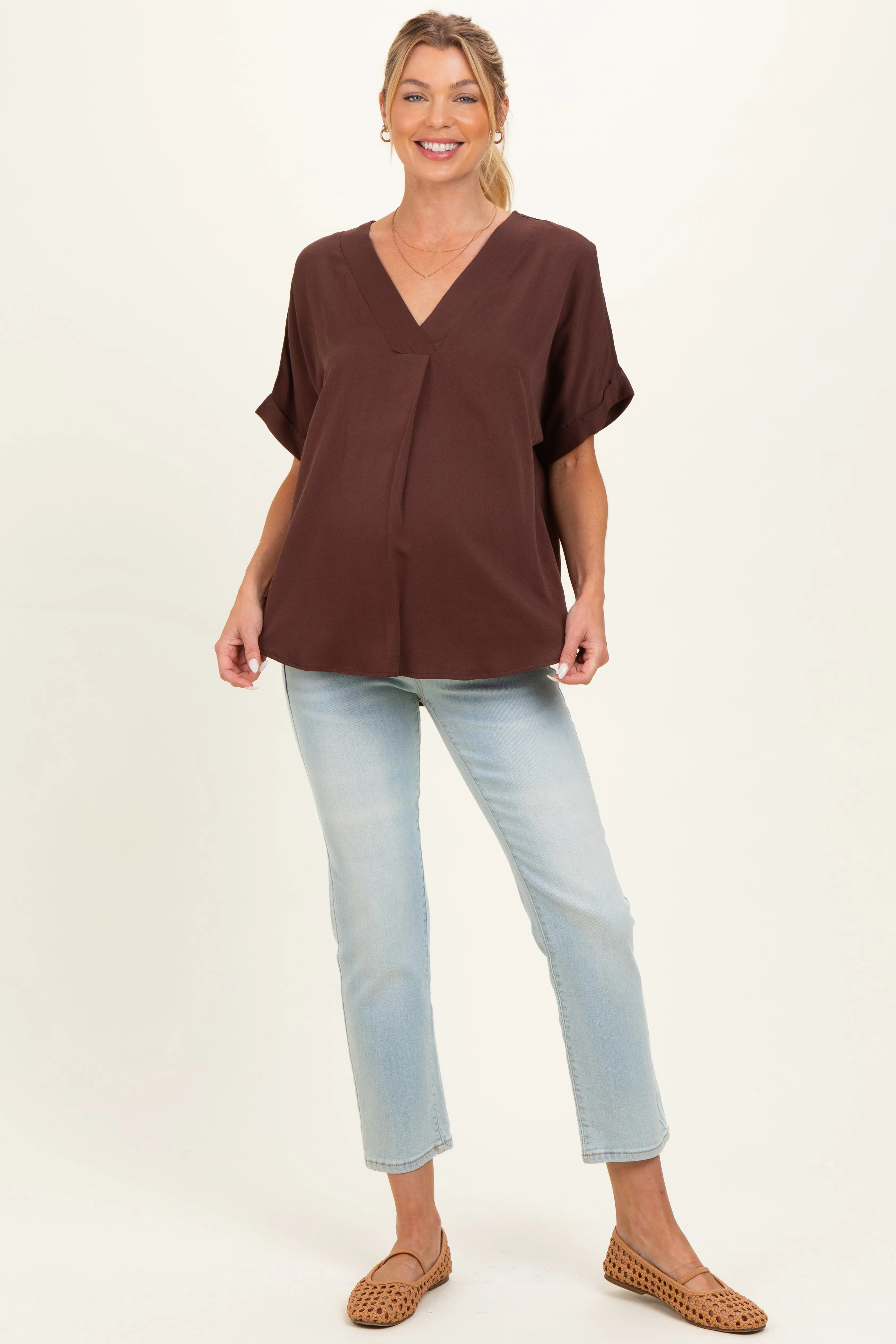 Brown V-Neck Pin-Tuck Detail Maternity Top sold by Pinkblush product image thumbnail 2