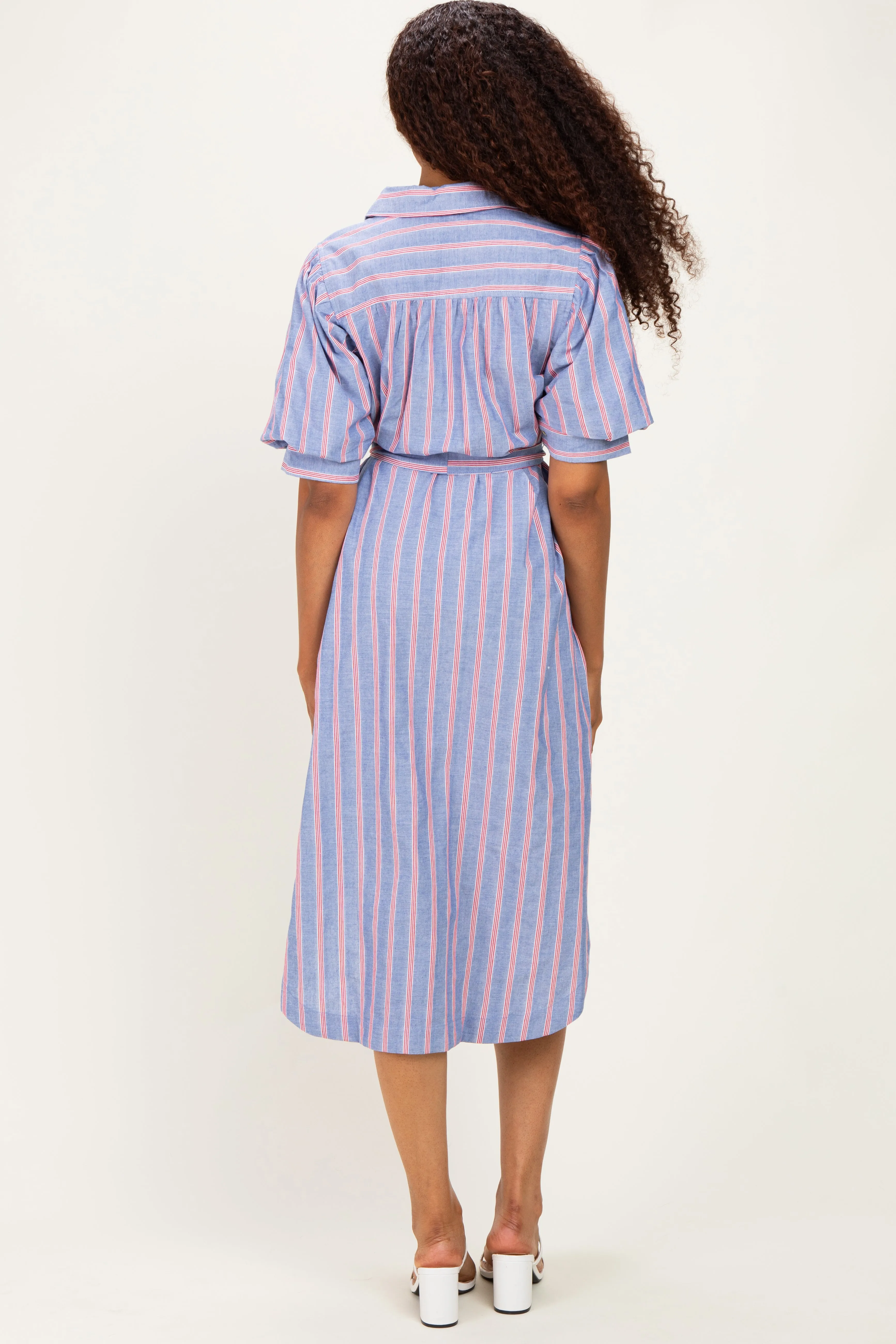 Blue Striped Puff Sleeve Midi Shirt Dress sold by Pinkblush product image thumbnail 3