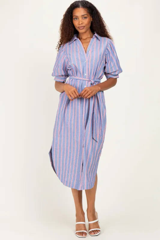 Blue Striped Puff Sleeve Midi Shirt Dress made by entro