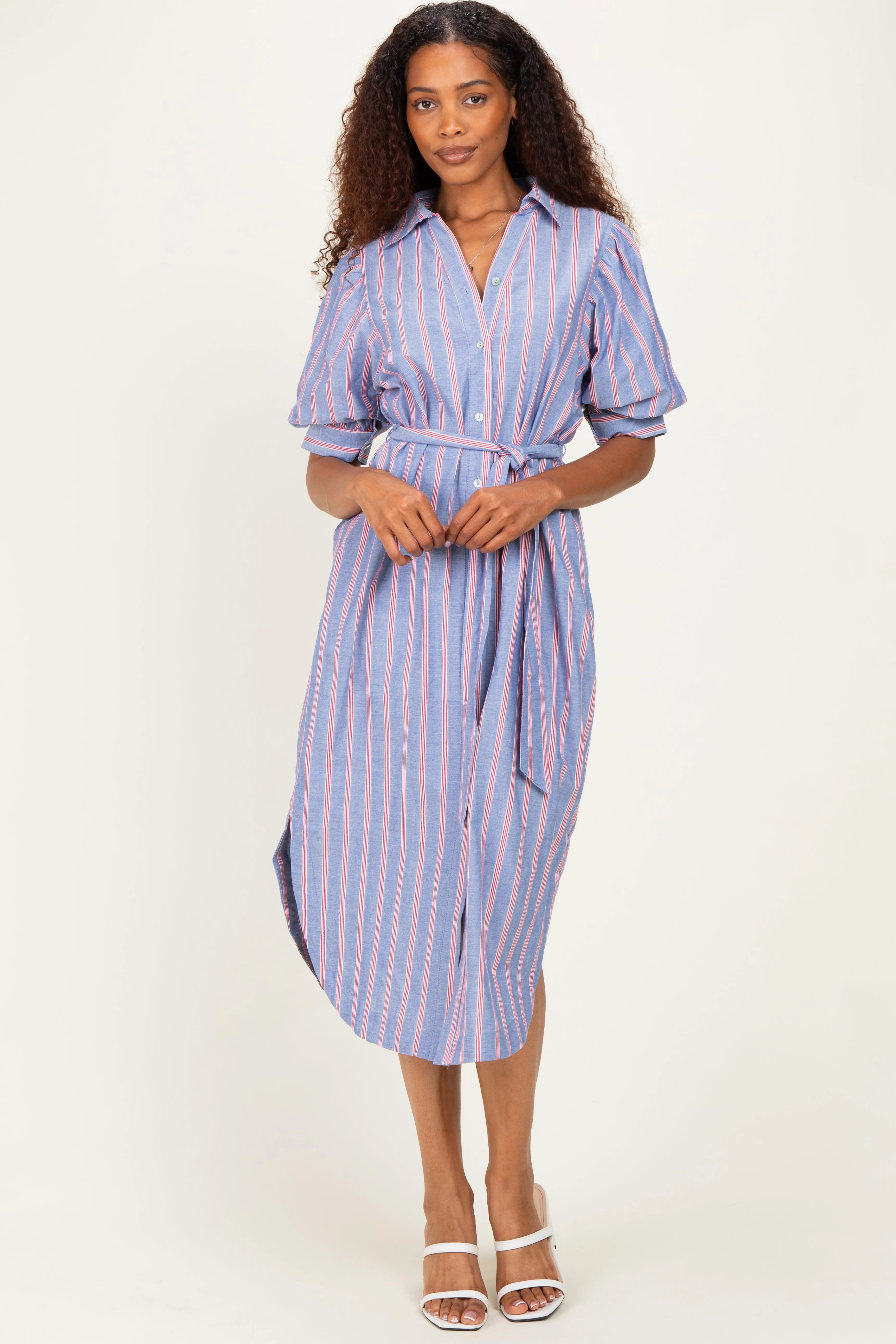 Blue Striped Puff Sleeve Midi Shirt Dress sold by Pinkblush