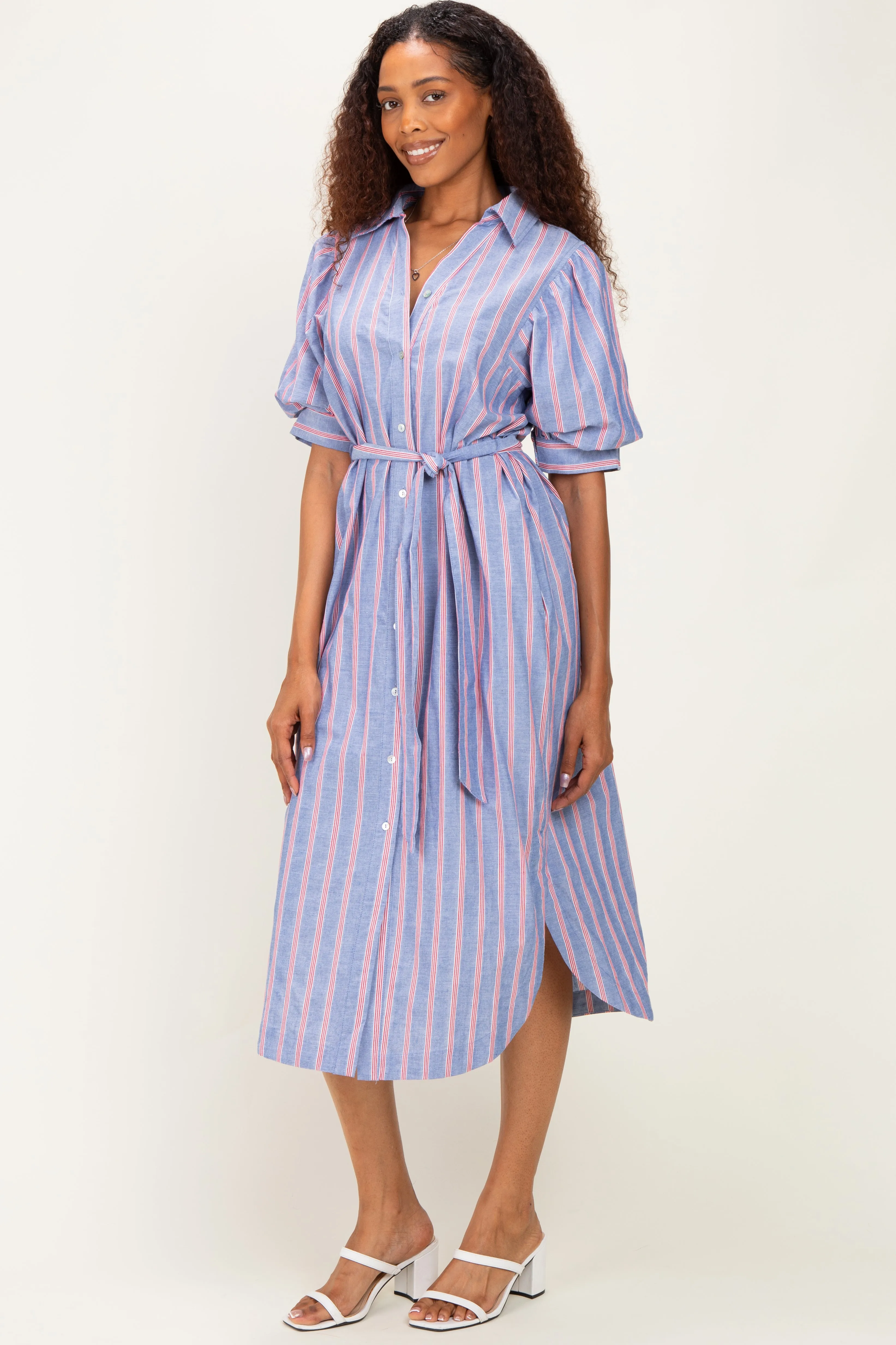 Blue Striped Puff Sleeve Midi Shirt Dress sold by Pinkblush product image thumbnail 2