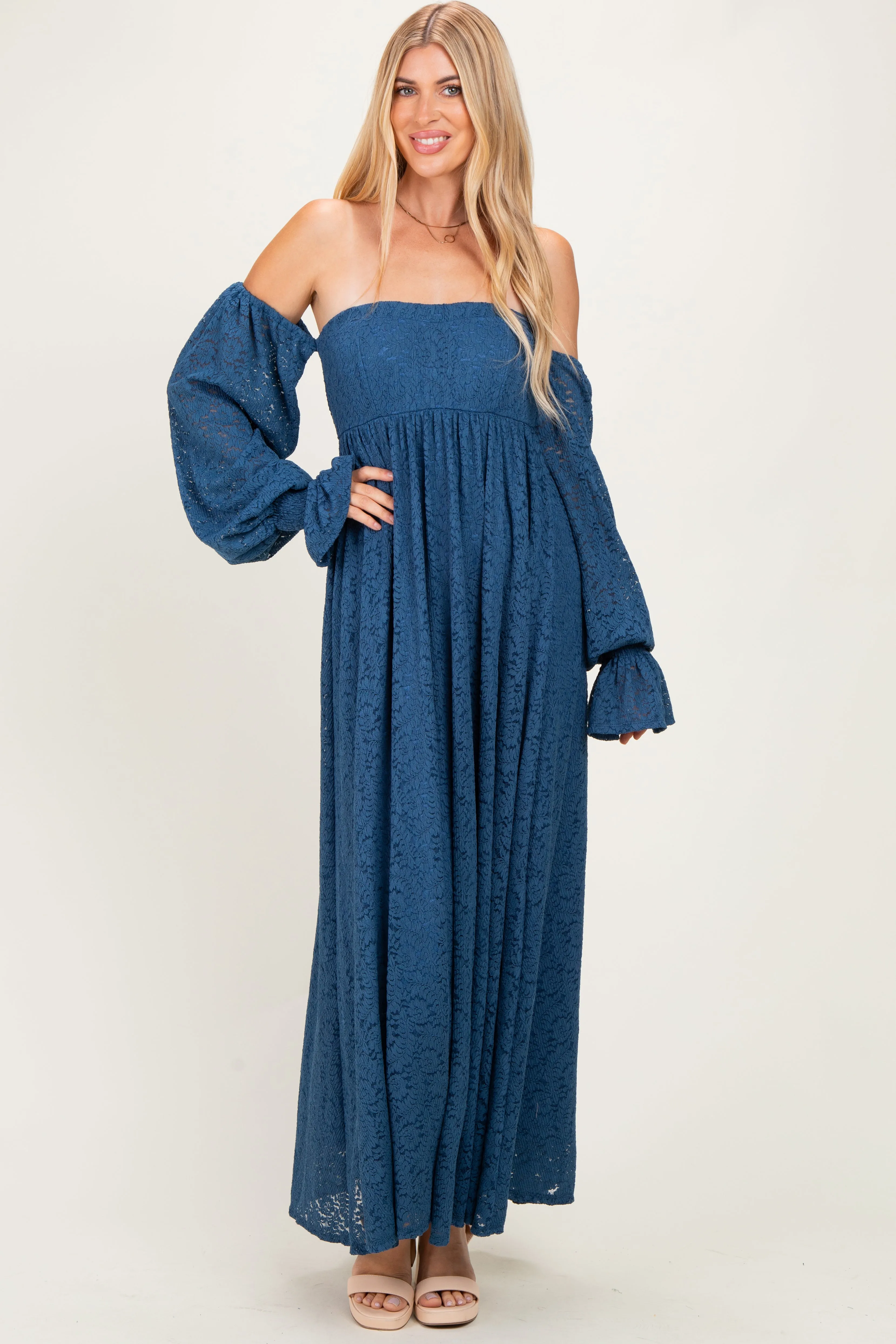 Blue Lace Floral Long Sleeve Photoshoot Gown/Dress sold by Pinkblush product image thumbnail 2
