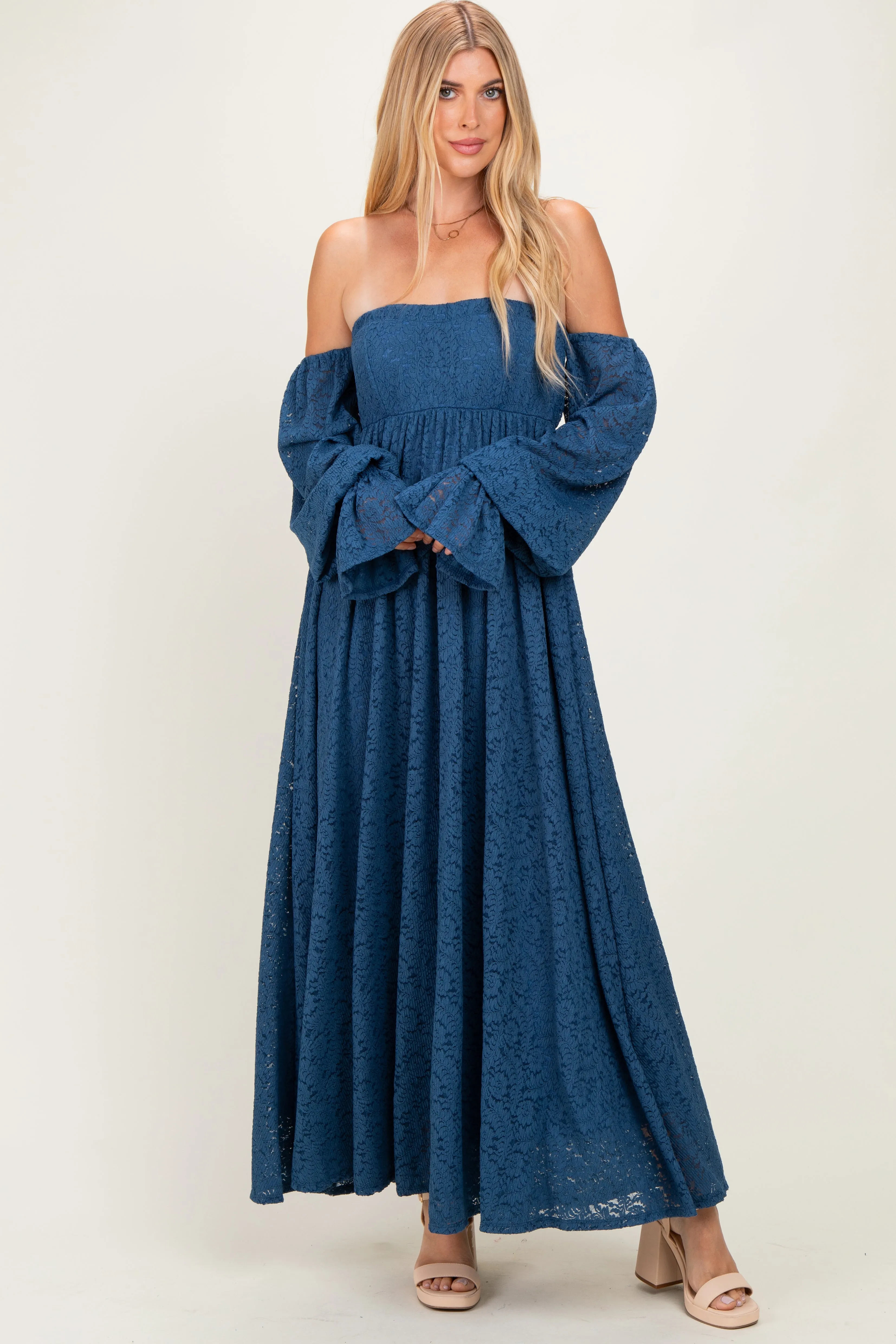 Blue Lace Floral Long Sleeve Photoshoot Gown/Dress sold by Pinkblush