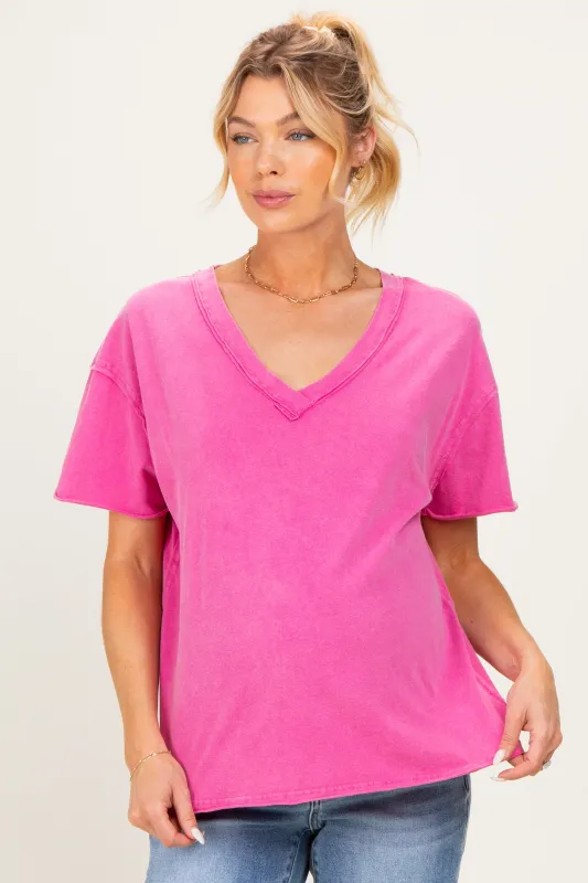 Fuchsia Washed V-Neck Oversized Maternity Tee made by HYFVE
