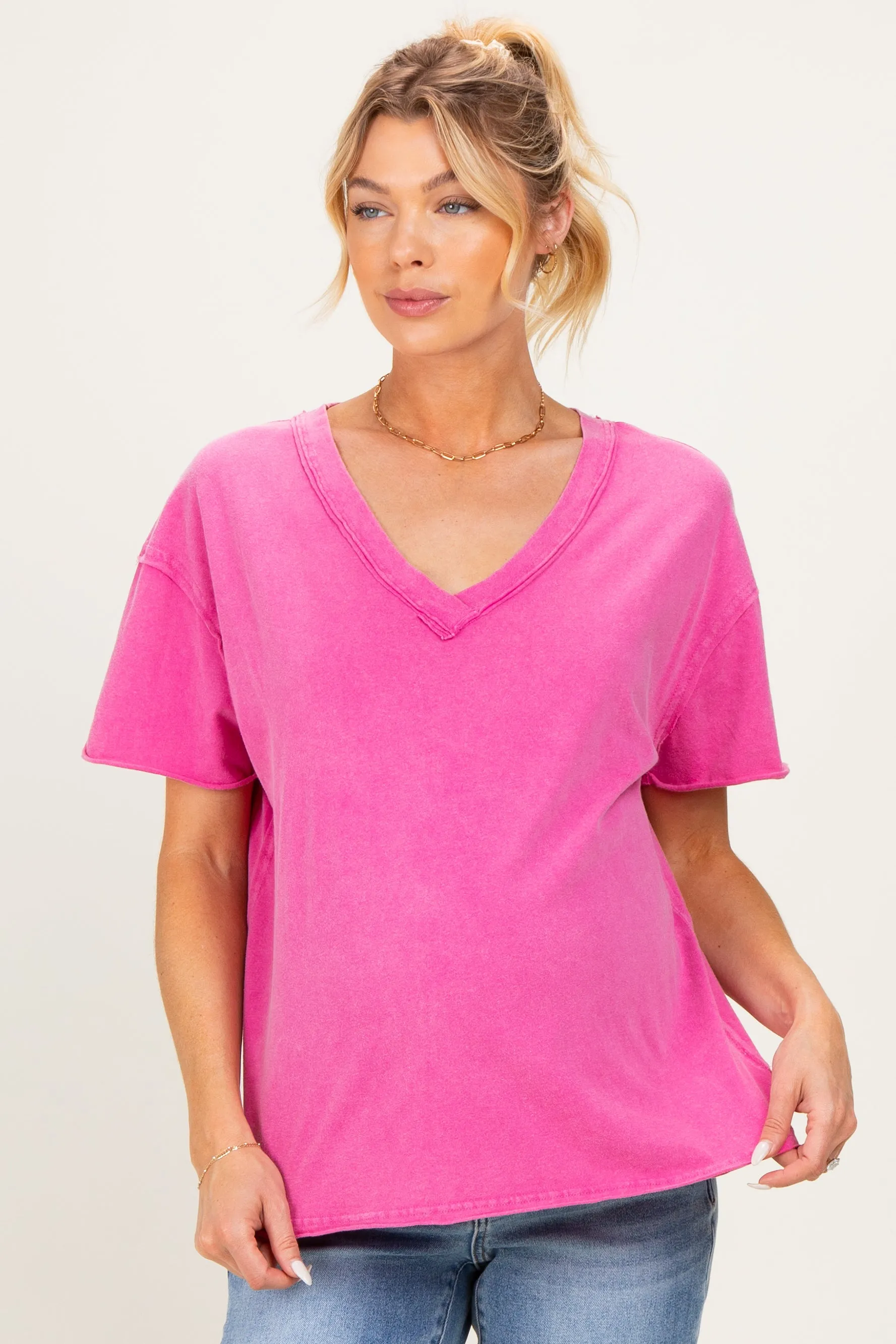 Fuchsia Washed V-Neck Oversized Maternity Tee sold by Pinkblush