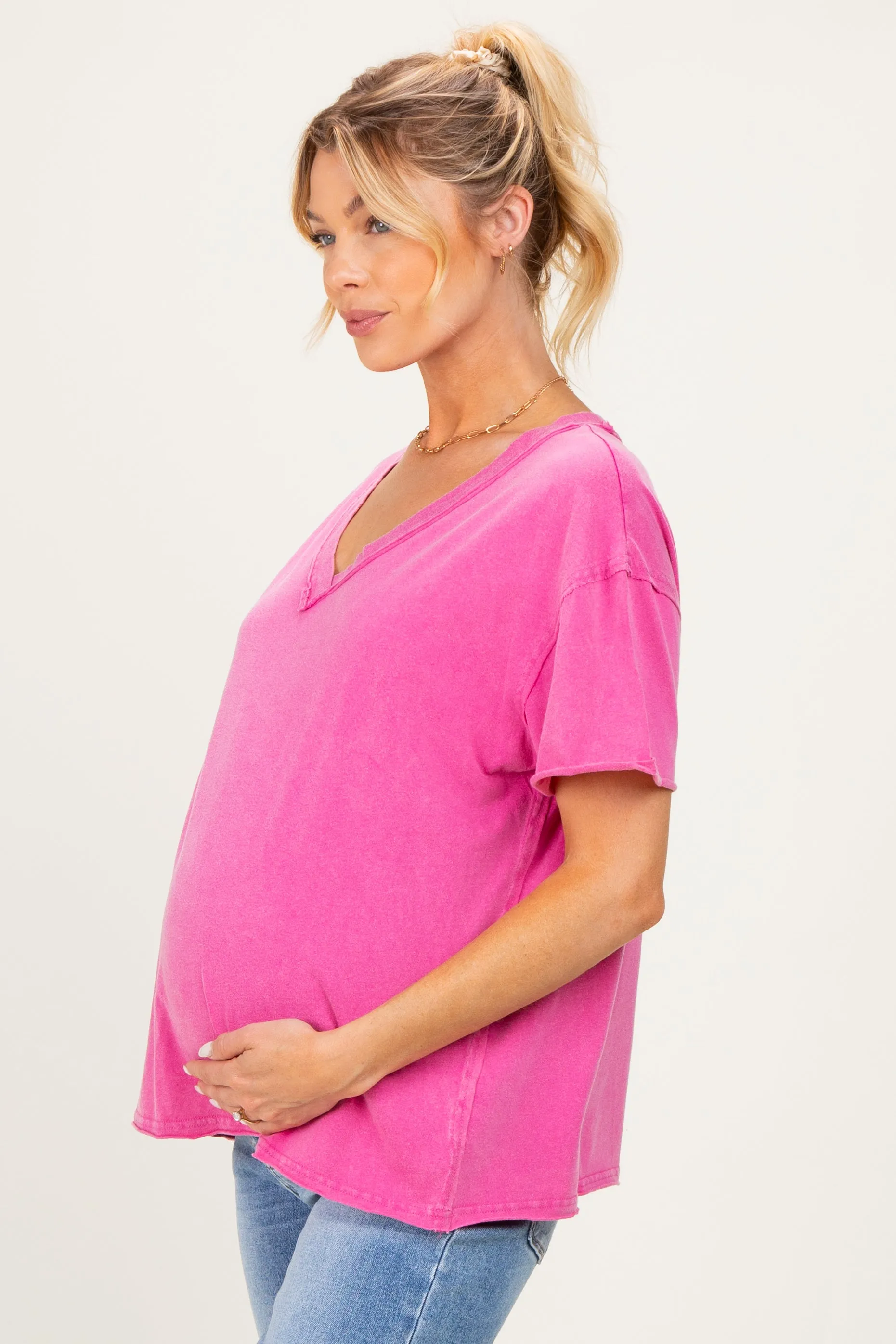 Fuchsia Washed V-Neck Oversized Maternity Tee sold by Pinkblush product image thumbnail 3