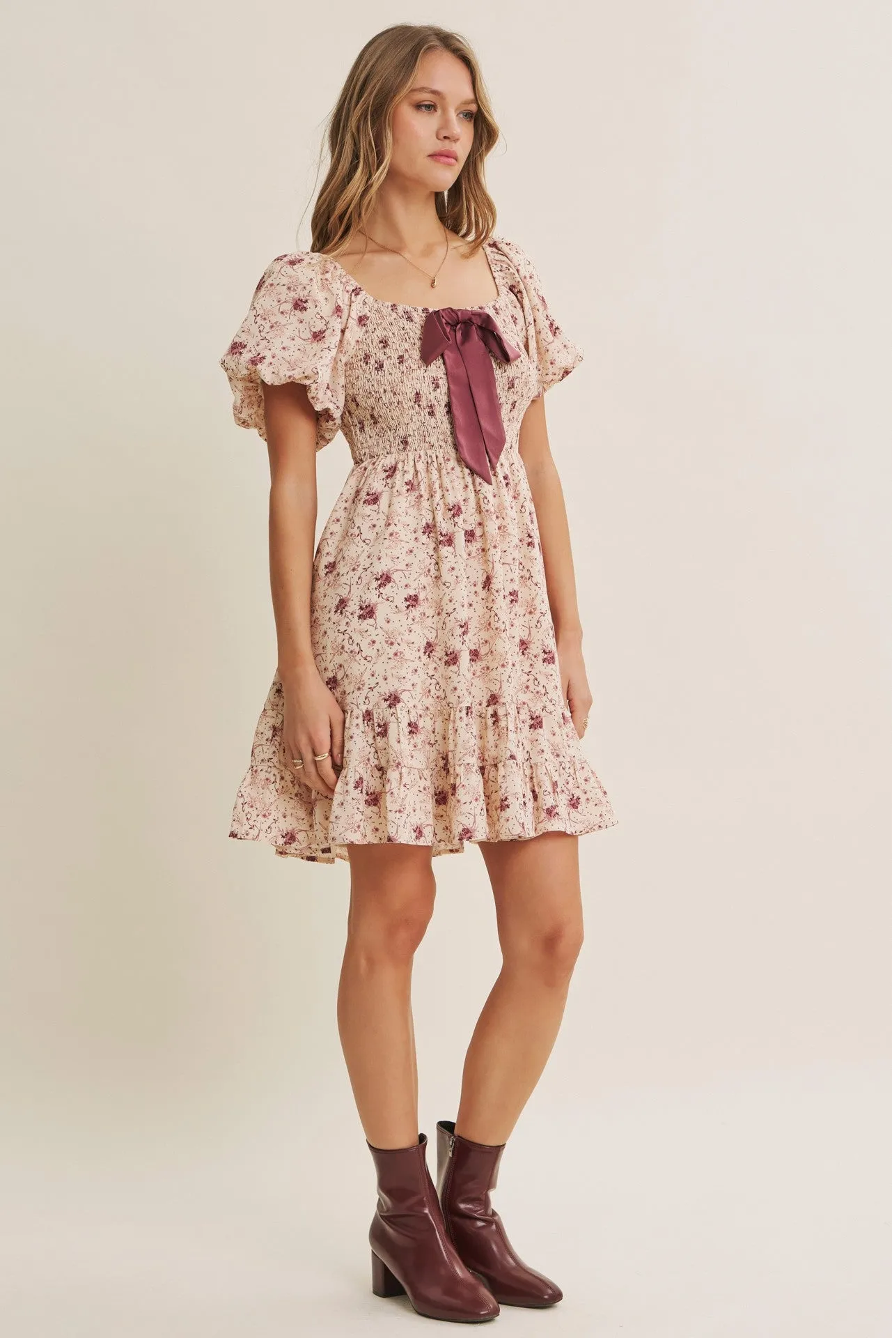 Burgundy Bow Smocked Bubble Sleeve Mini Dress sold by Pinkblush product image thumbnail 3