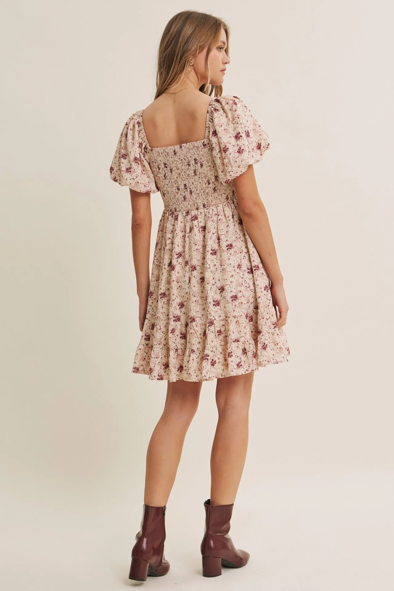 Burgundy Bow Smocked Bubble Sleeve Mini Dress sold by Pinkblush product image thumbnail 4